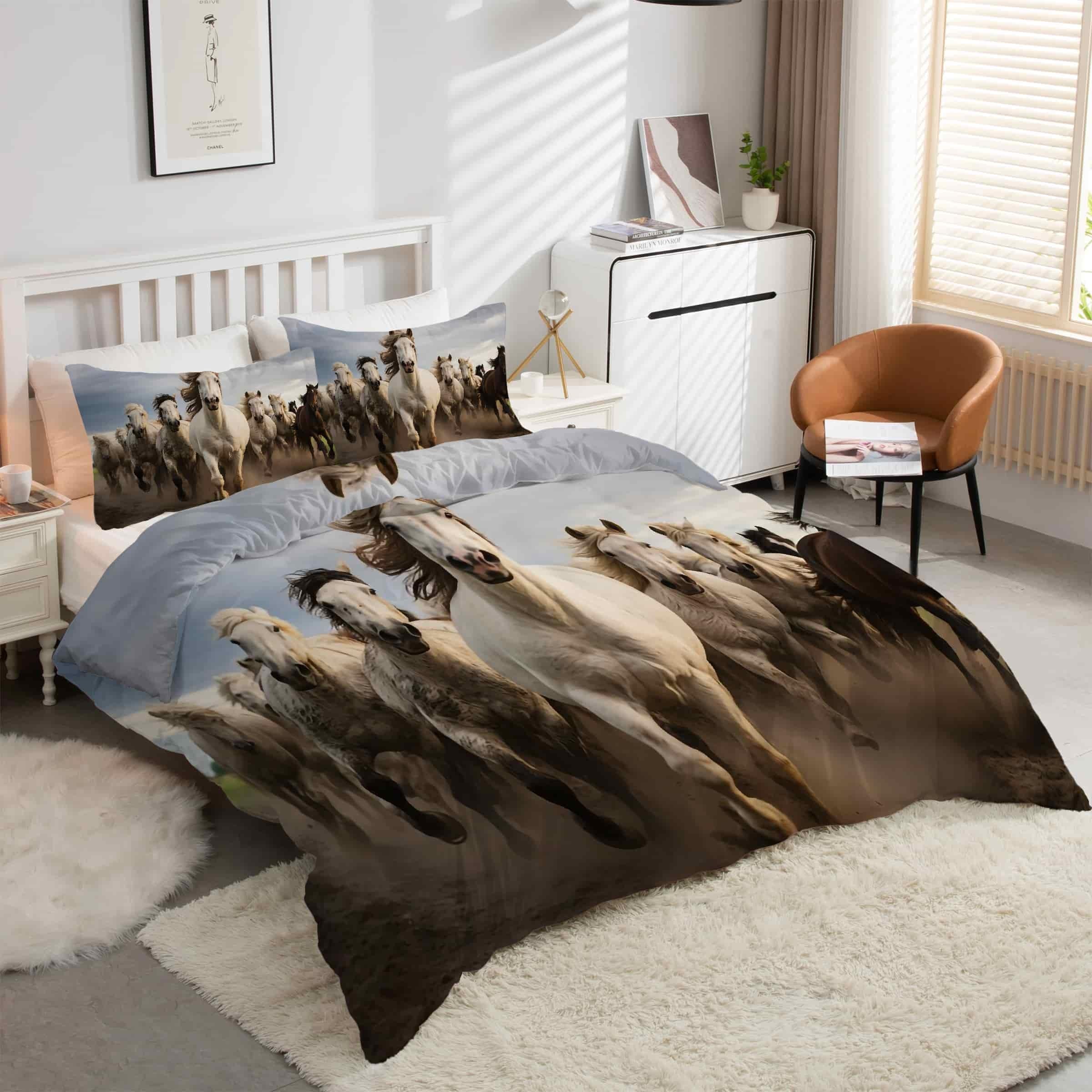 Housse de couette 240 x 260 cheval blanc parure de lit 3 pièces microfibre zippée kK372