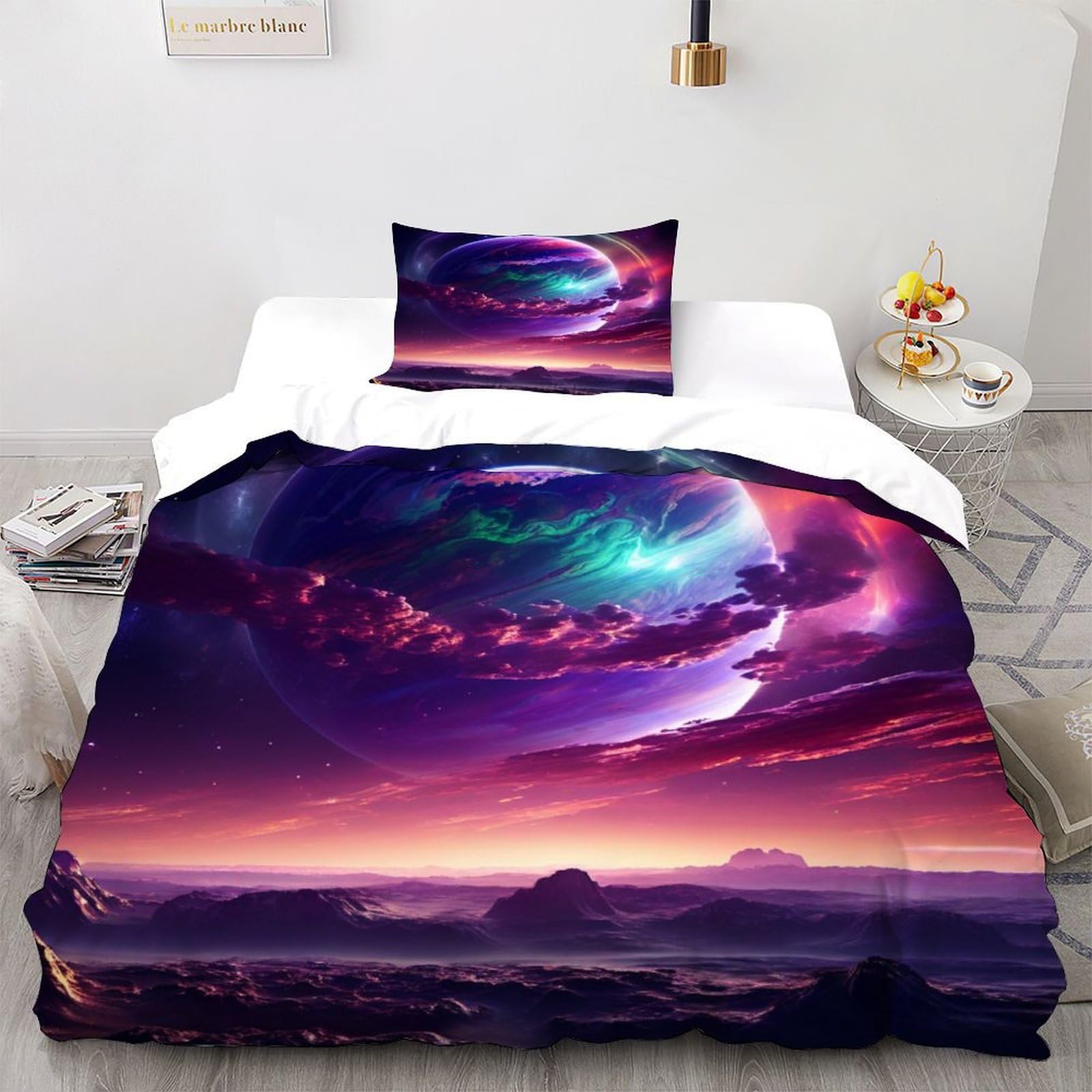 Planet Bedding Set for Comforter Polyester Space Duvet Set 2 Piece for Children Teens And Adults -1 Pillow Shams, Single（135x200cm）