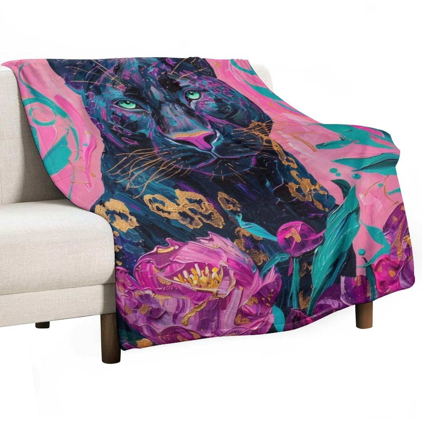 YHGSREUOH Black Panther with Peonies 02 Flannel Blankets Fleece Soft Throw Lightweight Plush Gifts for Couch, Bed, Cozy Sofa Plush, Chair, Lovers 80x100cm(30x40in)