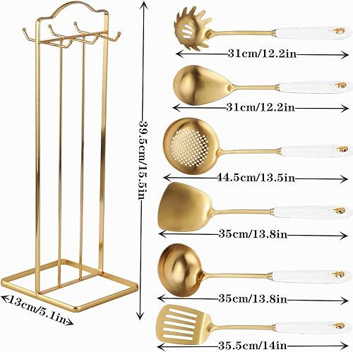 Miniatura 6 de Juego de utensilios de cocina con soporte, 7 piezas de acero inoxidable 304 de alta calidad, juego de utensilios de cocina dorados con mango de