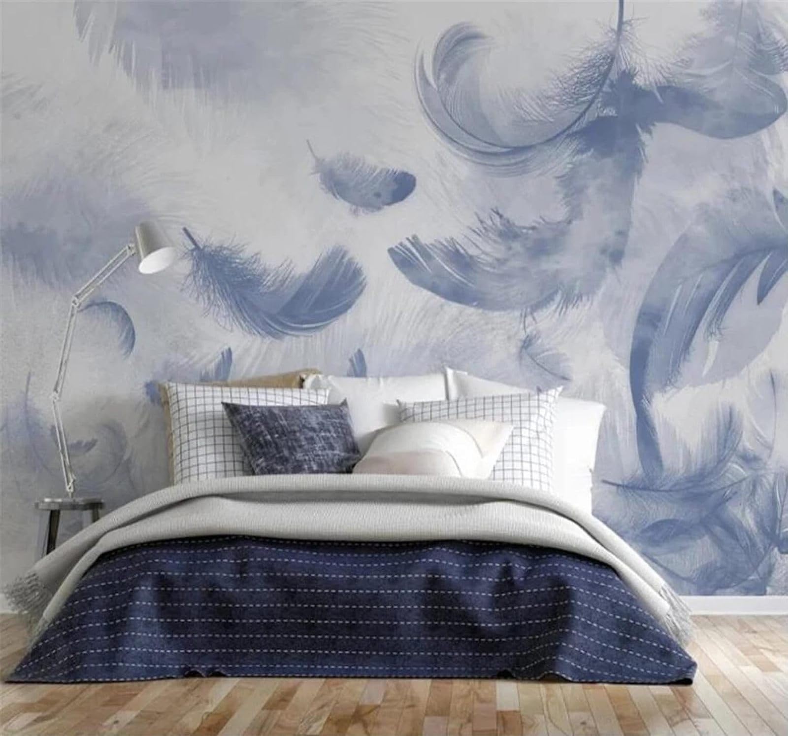XLMING Minimalist Ink Wash Hand Drawn Blue Feathers 3D Wallpaper Silky Texture Home Study Office Grey Dining Room Sofa Bedroom Living Room TV Backdrop-250cm×170cm