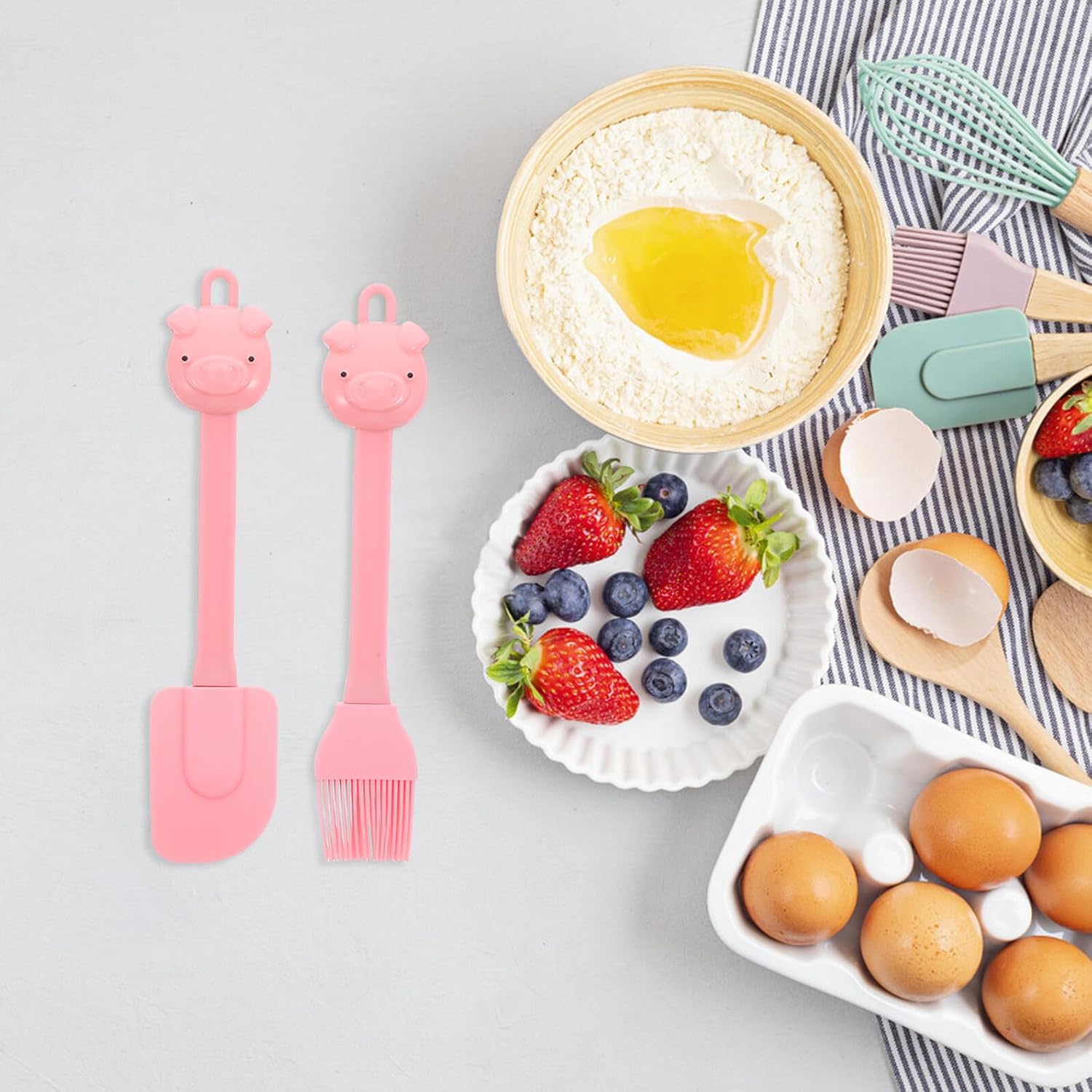 Cartoon Pig Shape Silicone Scraper Brush for Kids Baking, 2Pcs Set Pink | Lightweight, Easy to Use and Clean, Hanging Hole Design, Silicone Construction, Baking Tool for Children