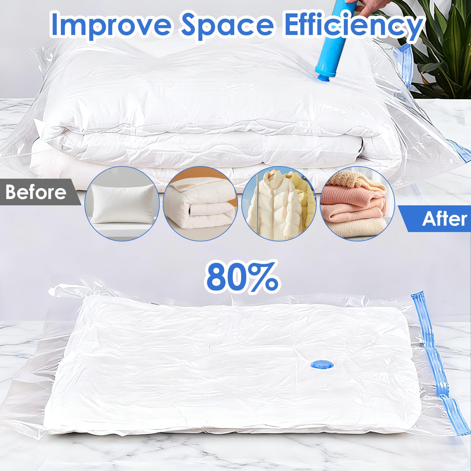 Sacchetti sottovuoto Extra Large (130x100cm) con pompa a mano per abbigliamento, piumoni, biancheria - Risparmia il 80% di spazio - Confezione da 4