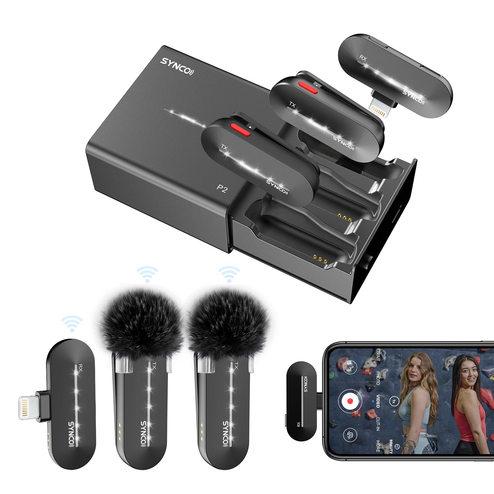 SYNCO Microfono Per iPhone, P2SL 【Certificazione MFi】di Mic Lavalier Wireless 2.4Ghz Con Custodia di Ricarica Per il iPhone iPad Vlog Youtube, Microfono Lightning