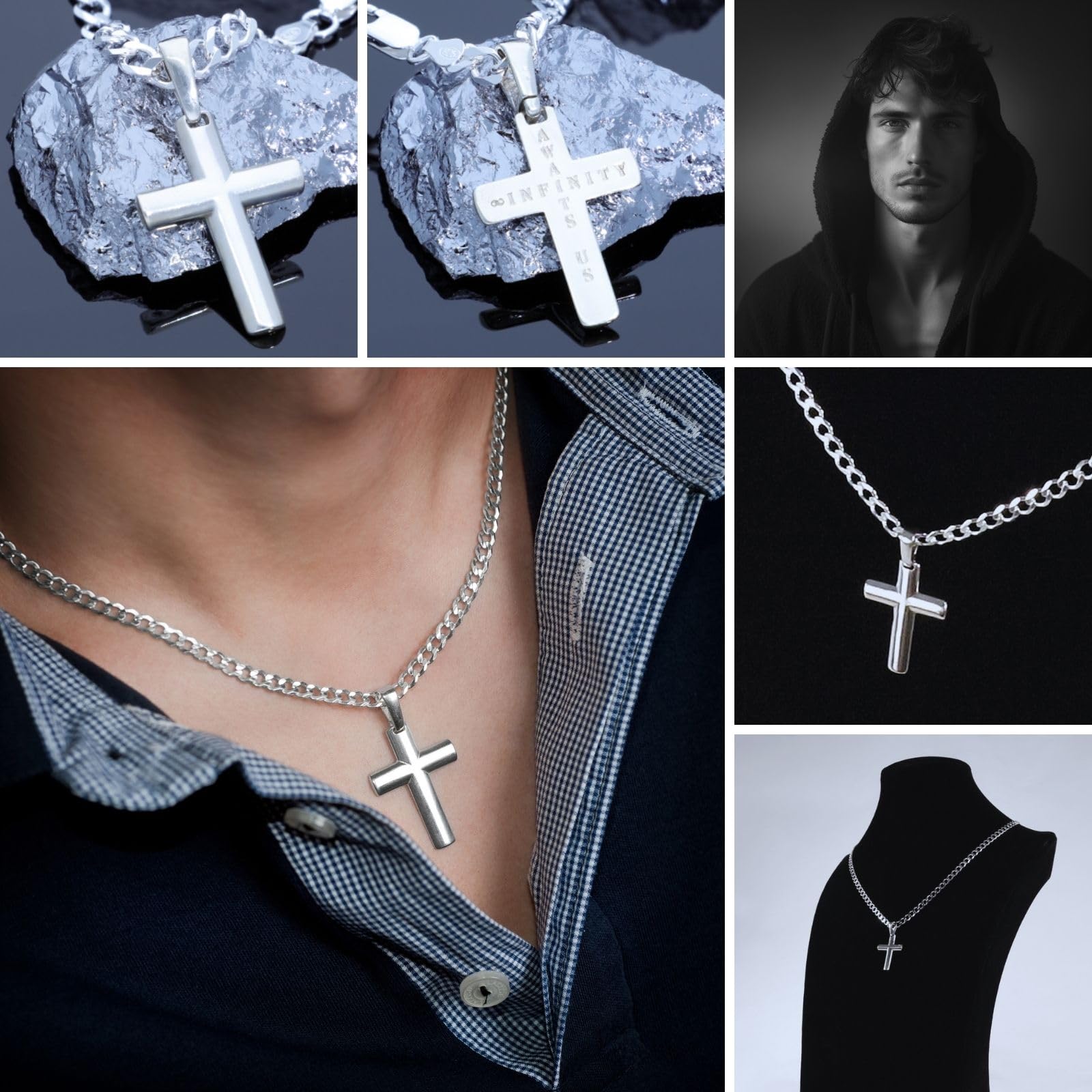 Cadena para hombre de plata 925 maciza con colgante de cruz de plata 'Infinity AWAITS US' – Ideal como regalo para marido o amigo – Incluye caja ecológica