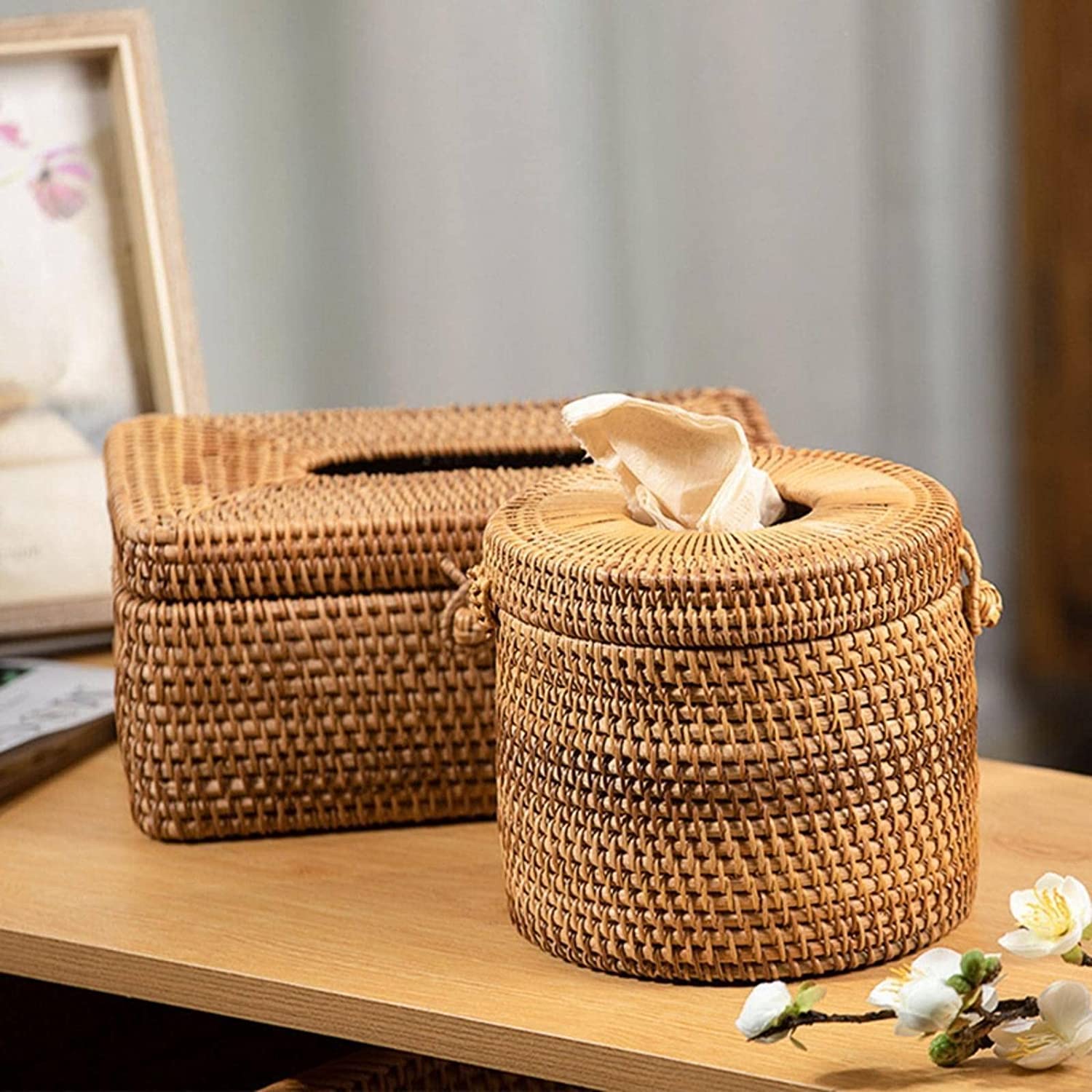 Pudełko na Chusteczki Nawilżane, Skrzynka na tkankę Okrągły Rattan Tissue Box Vine Roll Holder Papier WC Dyspensator do domu Sypialni i Salonu