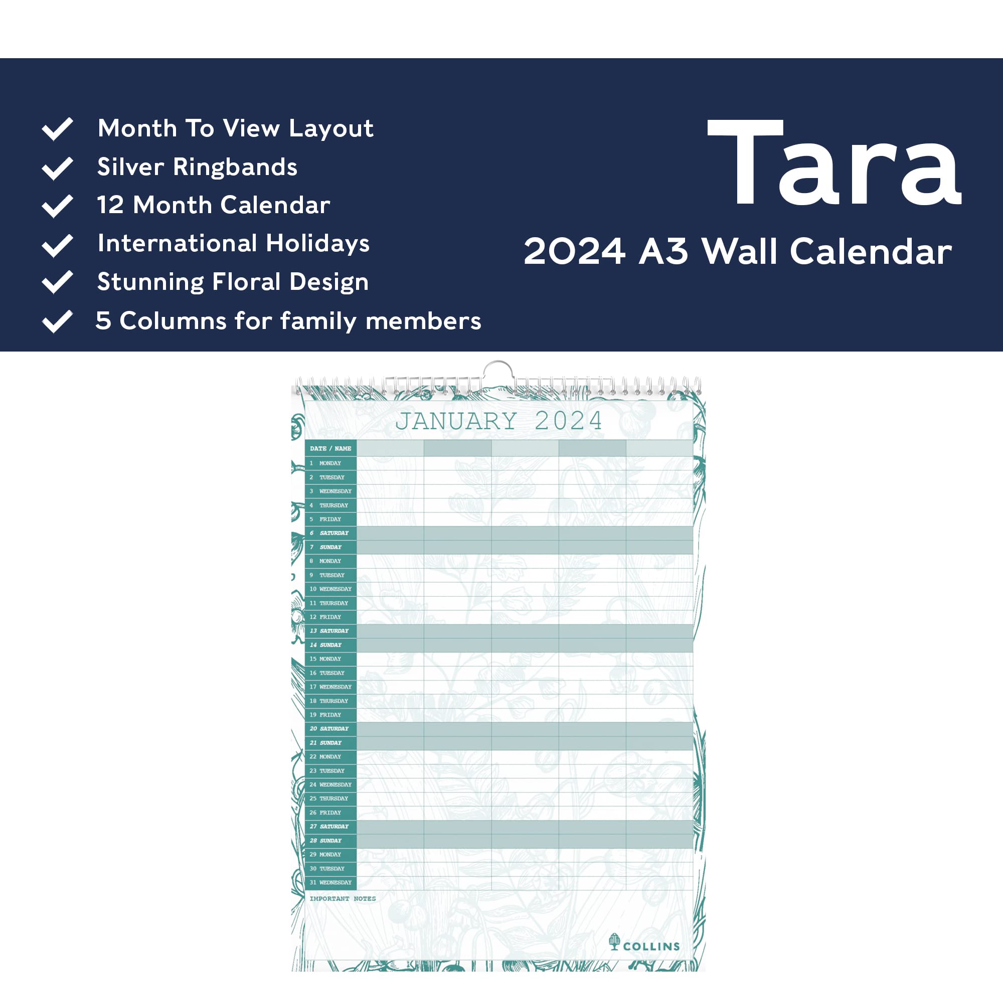 Collins Debden Collins Tara 2024 Family Wall Calendar, Lifestyle Planner and Organiser for Office Work, Personal and Home - Image 3