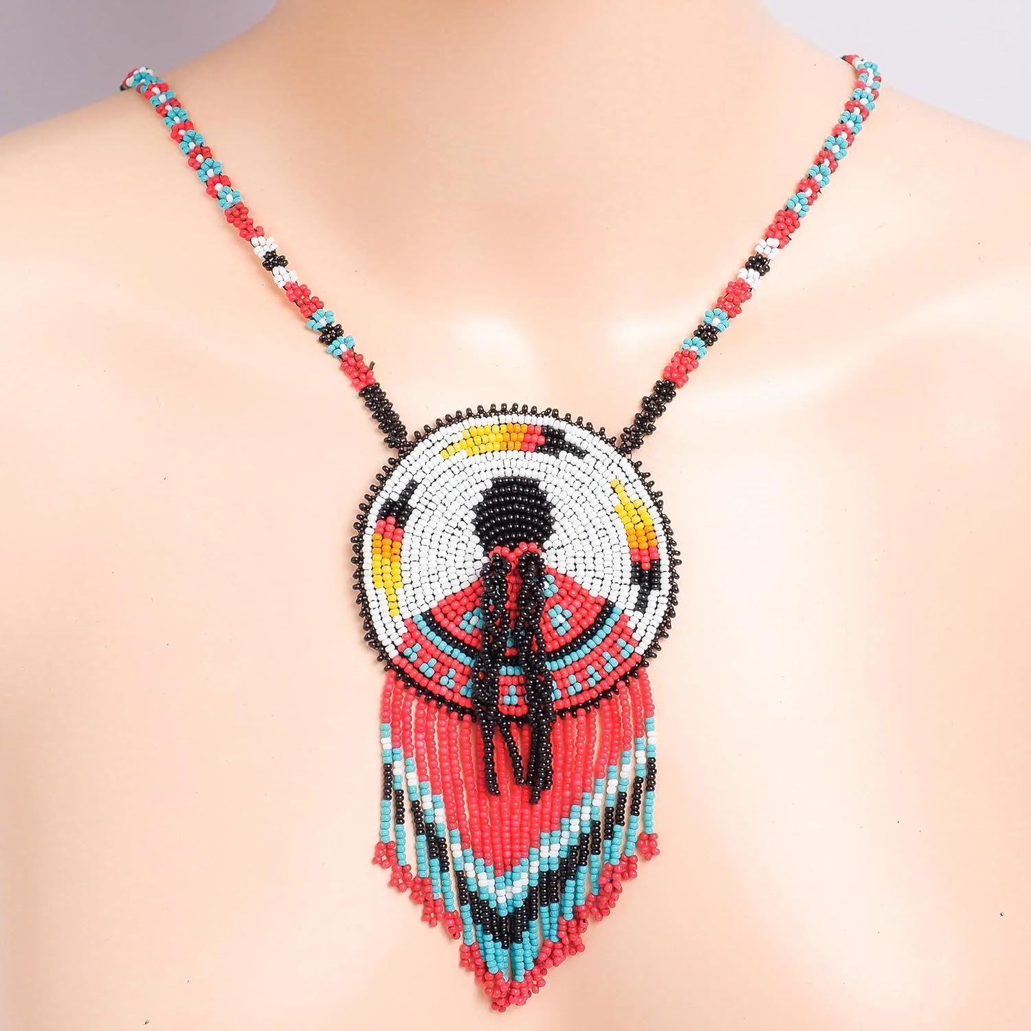Native American Handmade Necklace for Woman - MMIW Indigenous Women Long Beaded Pendant in Authentic Style
