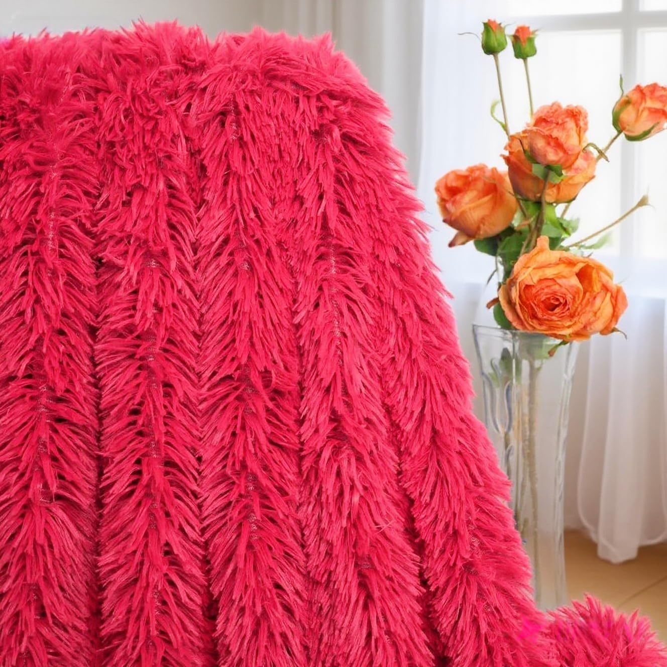 Plush Super Soft Blanket Bedding Sofa Cover Furry Fuzzy Fur Warm Throw Qulit Cozy Couch Blanket for Winter (63"x79", Pure Red) - Image 3