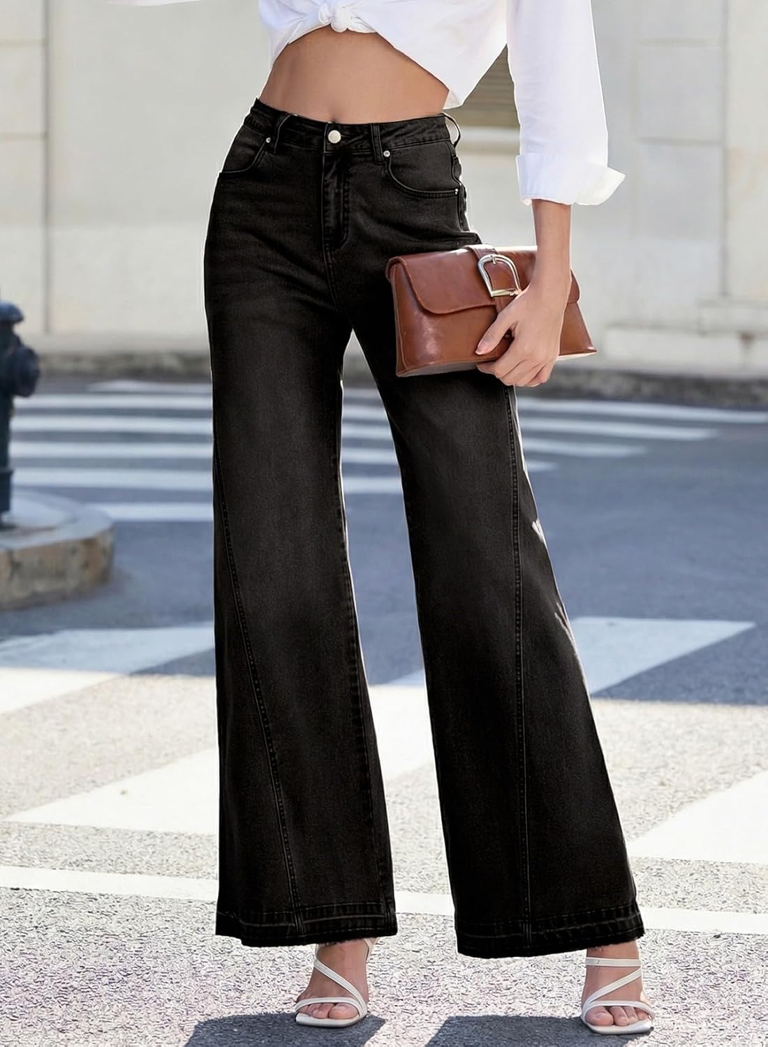 Dokotoo Jeans for Women Casual High Waisted Wide Leg Denim Pants Baggy Raw Hem Flare Jeans with Pockets