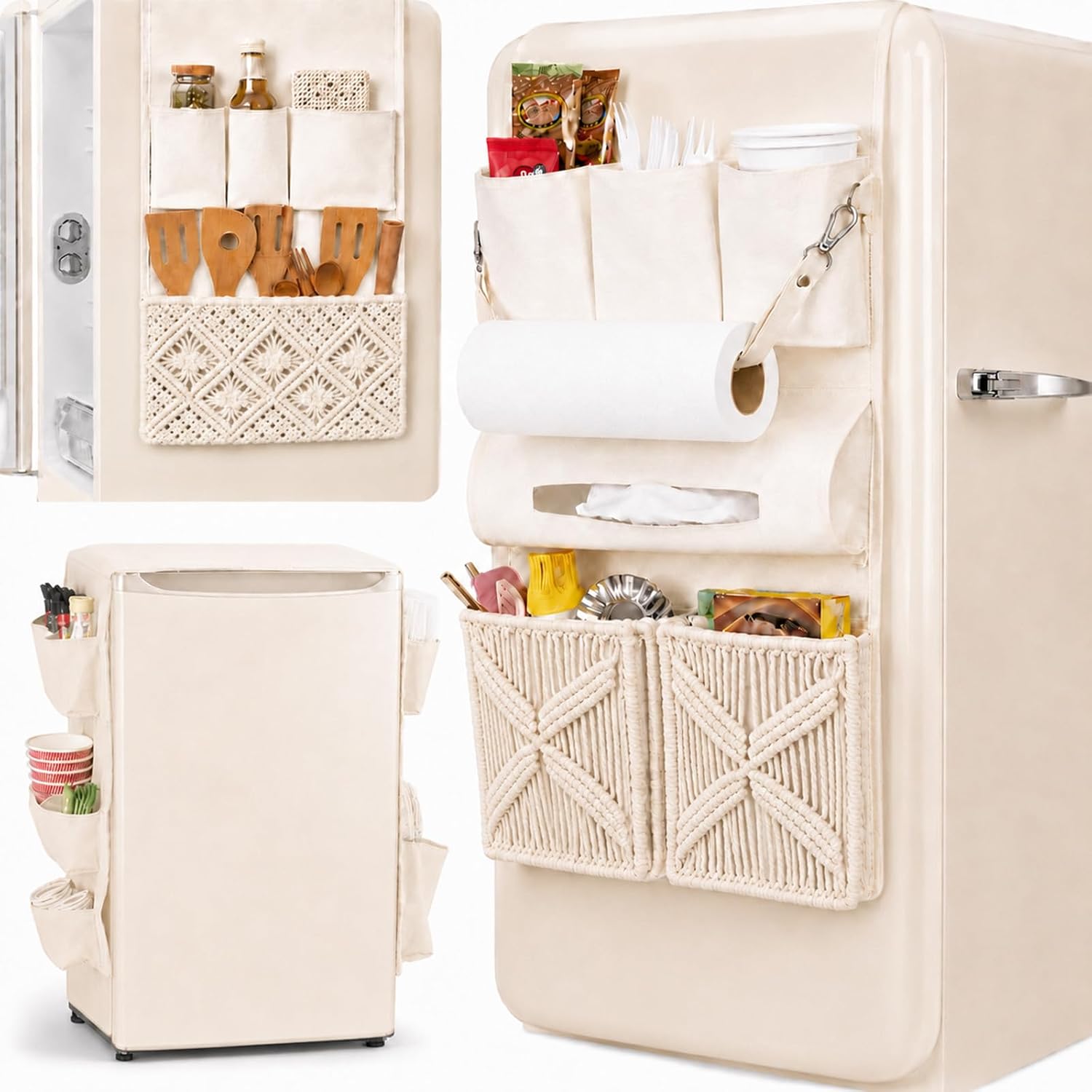 Tallew Mini Fridge Organizer with 10 Pockets Dorm Essential Boho Dust Cover for Household Refrigerator 58.5 x 11.8 Inch Over the Refrigerator Caddy Storage Bag for College Home Office Kitchen School