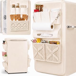Tallew Mini Fridge Organizer with 10 Pockets Dorm Essential Boho Dust Cover for Household Refrigerator 58.5 x 11.8 Inch Over the Refrigerator Caddy Storage Bag for College Home Office Kitchen School