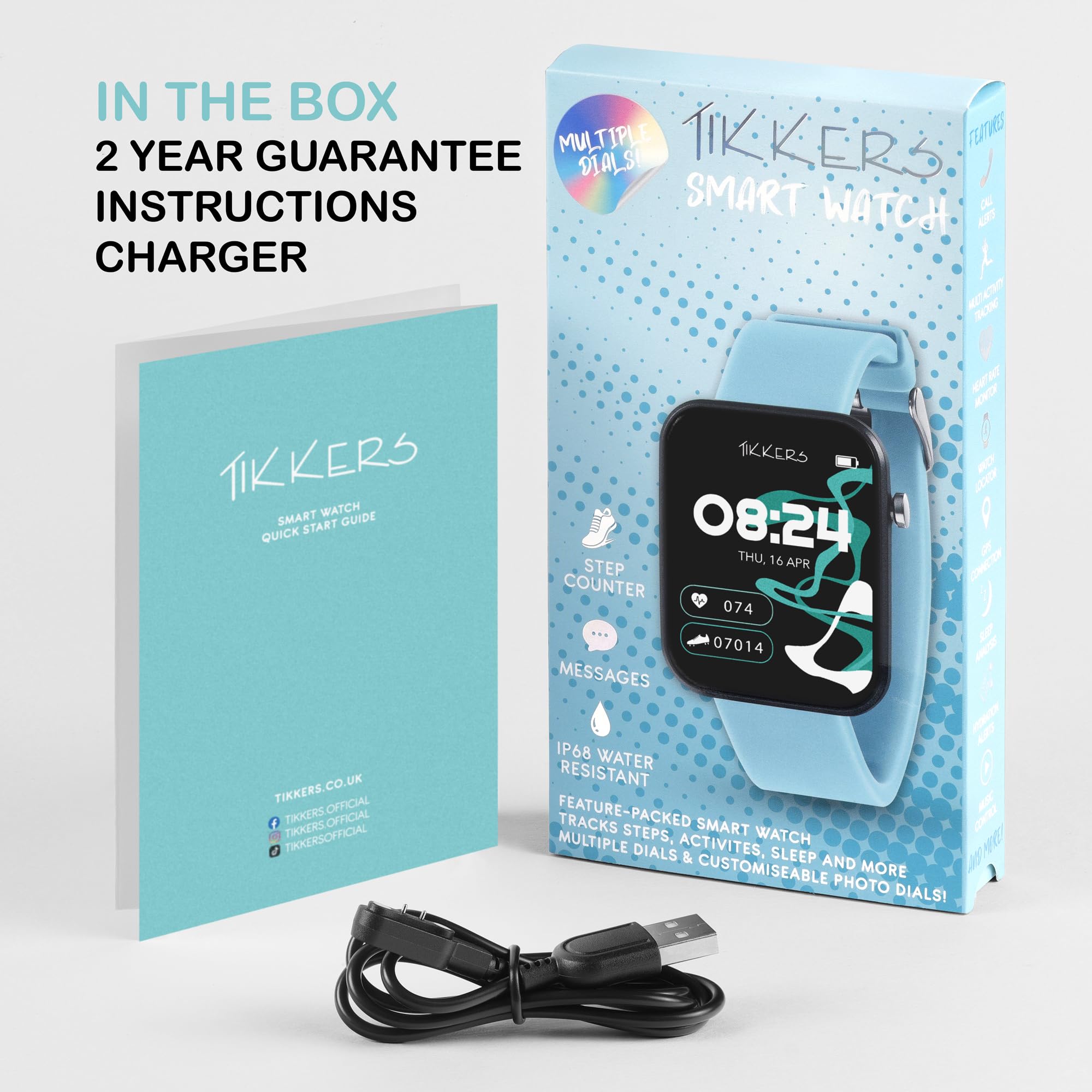 Tikkers Kids Series 13 Smart Watch z trackerem fitness, budzikiem, kamerą, połączeniem GPS, pulsometrem, licznikiem kroków, ekranem dotykowym, niebieskim paskiem silikonowym