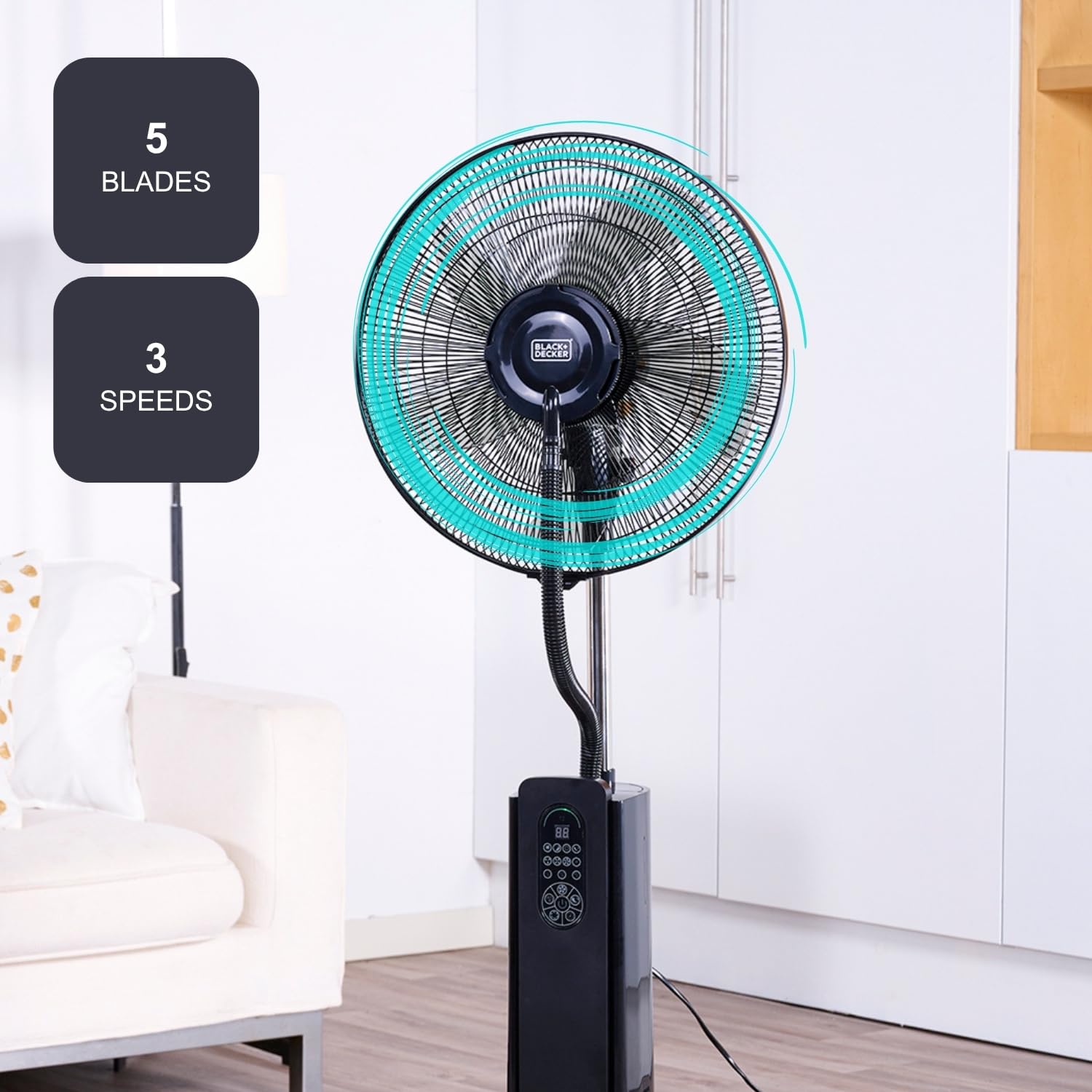 BLACK+DECKER - Ventilatore a piantana con nebulizzatore 75W | 3 velocità | Display digitale | Oscillante | Telecomando | Serbatoio 2L