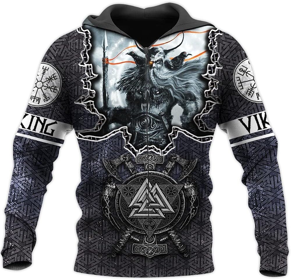 3D Viking Odin Tattoo Hoodie Men's Long Sleeve Sweatshirt Nordic Mythology Oversized Pullover Casual Jacket (11 US Size)