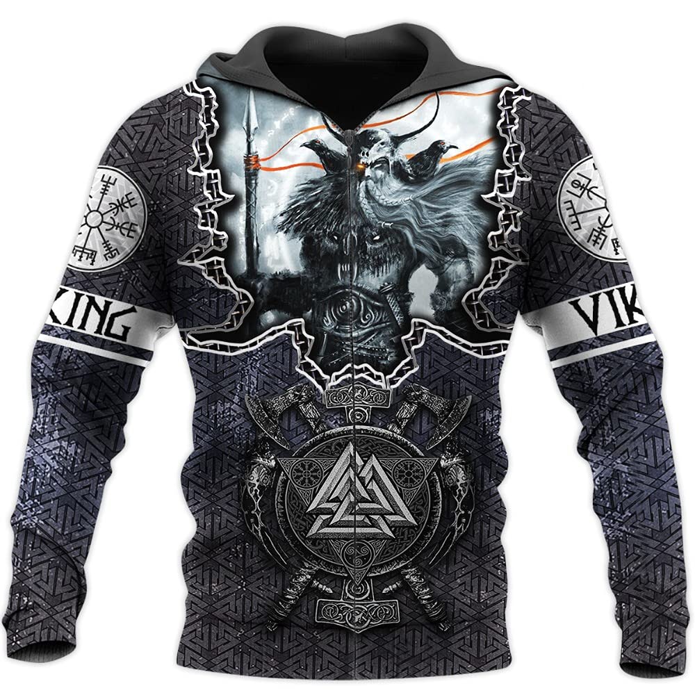 3D Viking Odin Tattoo Hoodie Men's Long Sleeve Sweatshirt Nordic Mythology Oversized Pullover Casual Jacket (11 US Size)