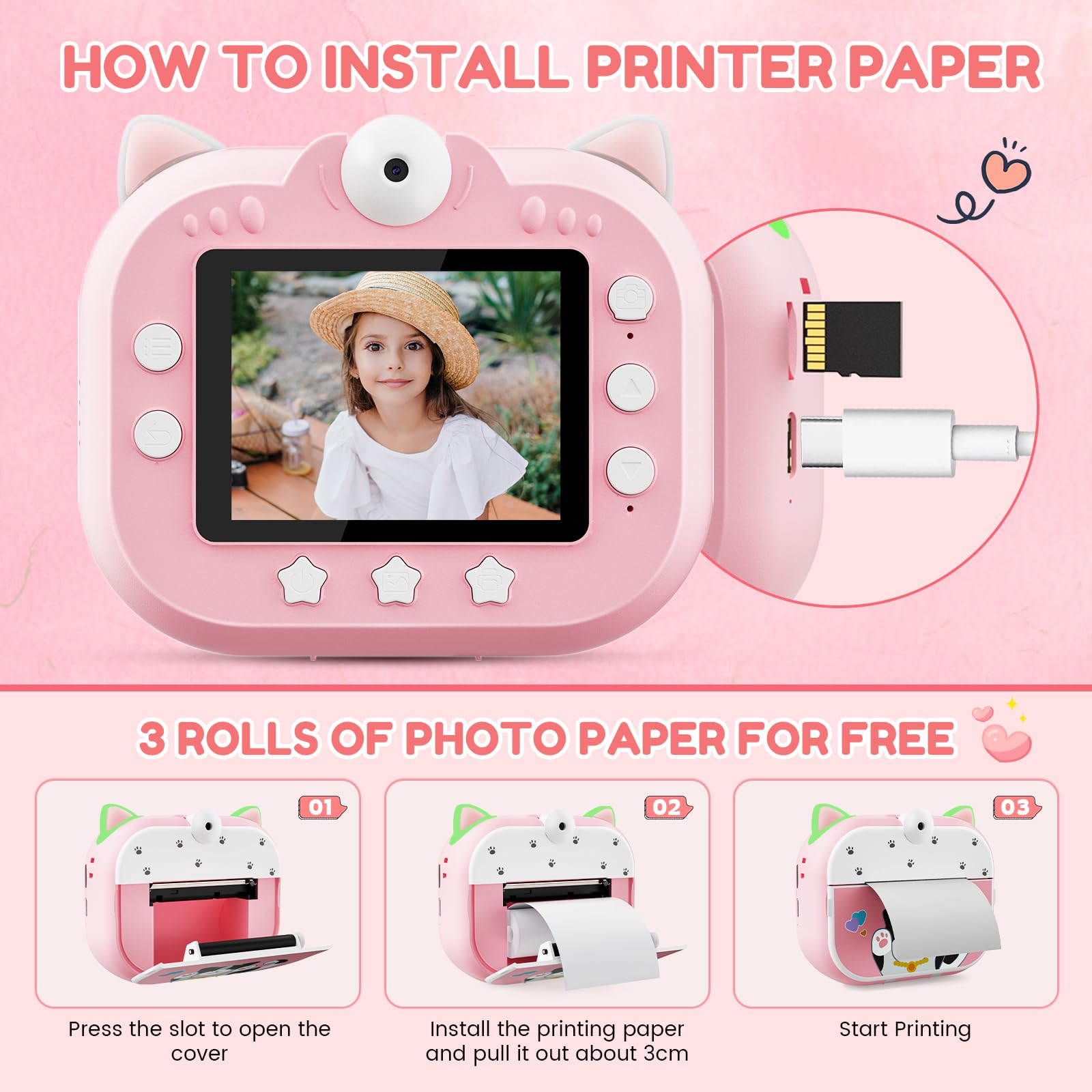 Macchina Fotografica Bambini Istantanea, Potuem 2.4 Pollici Digitale Fotocamera Bambini con Zoom 20X, Lente Ruotabile a 180°, 48MP/1080P Fotocamera Istantanea per Bambini, Regalo di Compleanno