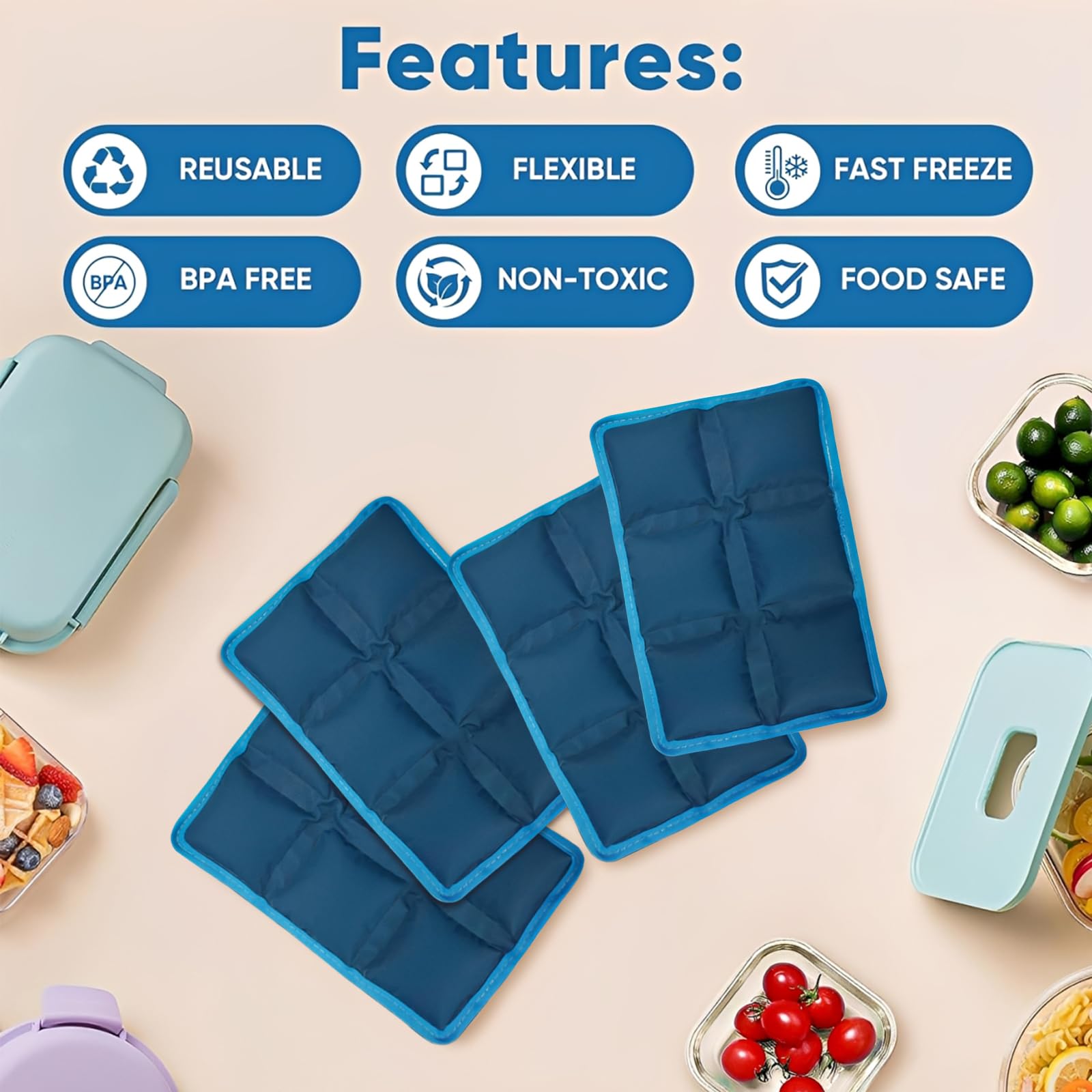 4 Pezzi Ghiaccioli per Borsa Frigo, Ghiaccioli Morbidi Riutilizzabili per Borsa Frigo, Mattonelle Ghiaccio, Ghiaccio per Borsa Termica, Elementi Refrigeranti, per Viaggi, Scuola, Picnic