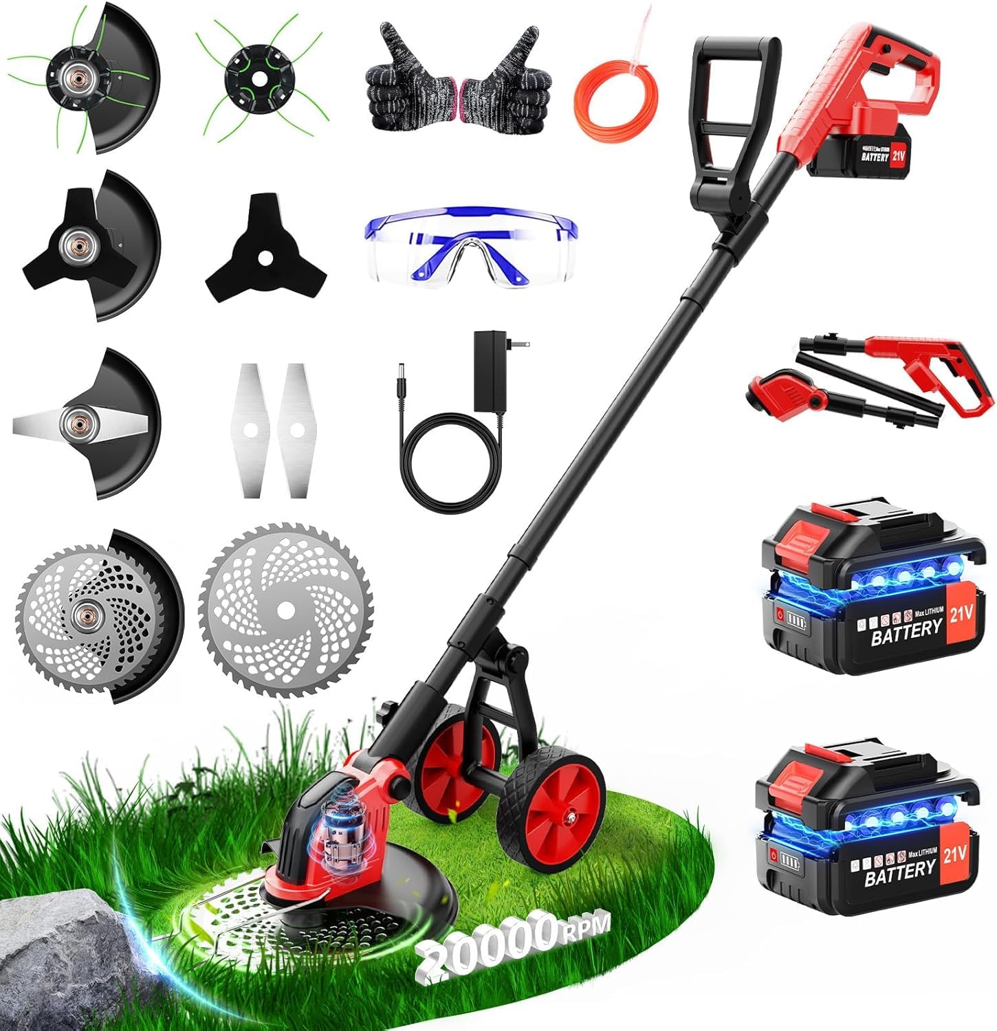 Decespugliatore elettrico senza fili con ruote, 30,5 cm, con 2 batterie da 3,0 Ah e caricabatterie, motore brushless, 4 in 1, telescopico, leggero, per prato, falciatura, bordatura, giardino