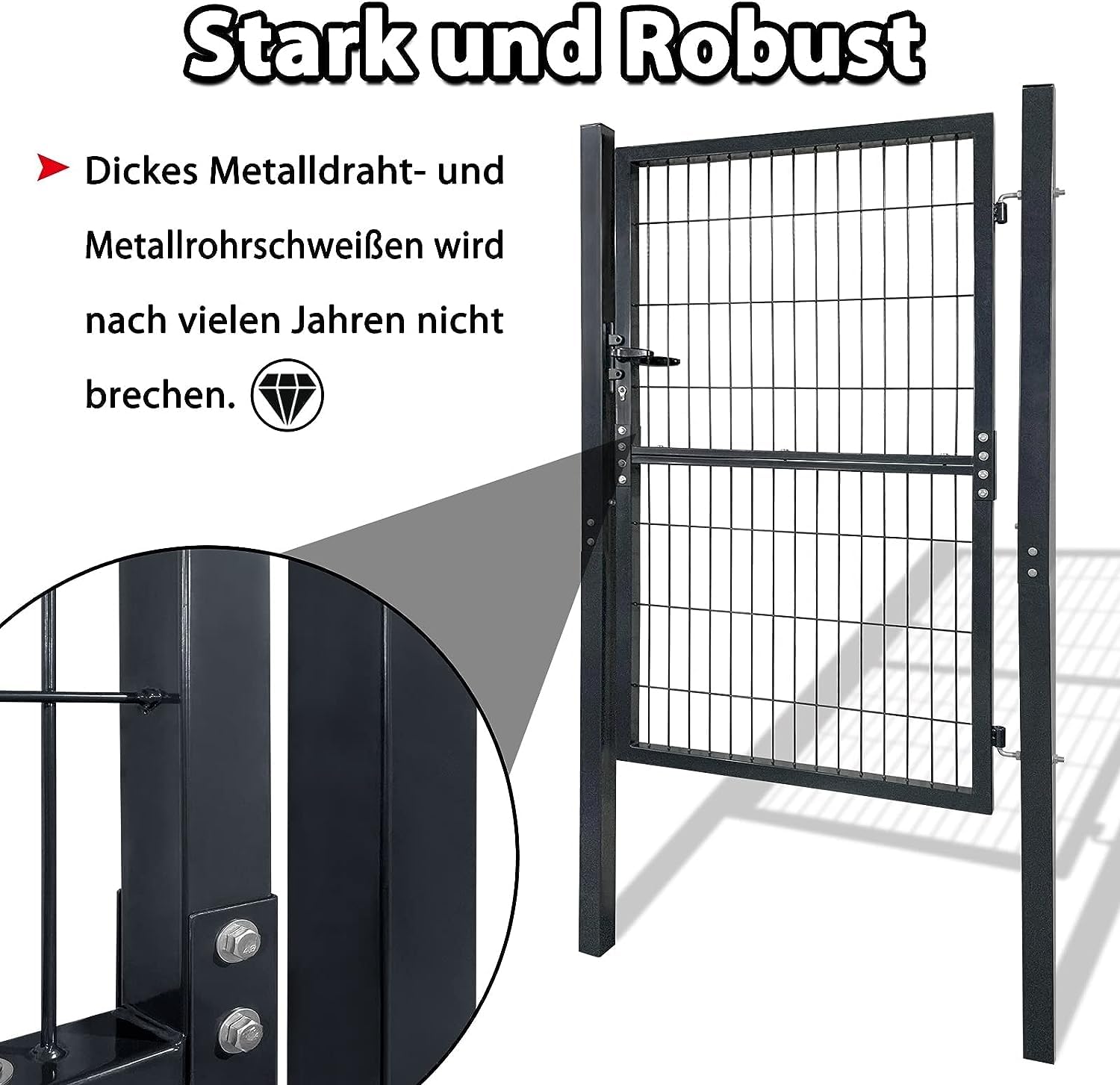 NAIZY Metall Gartentor robust Gartentür langlebig Zauntor Verzinkt Einzel Wellengitter Zauntür Anthrazit inkl. Türpfosten Kunststoffgriffe und Einsteckschloss, 125x100cm