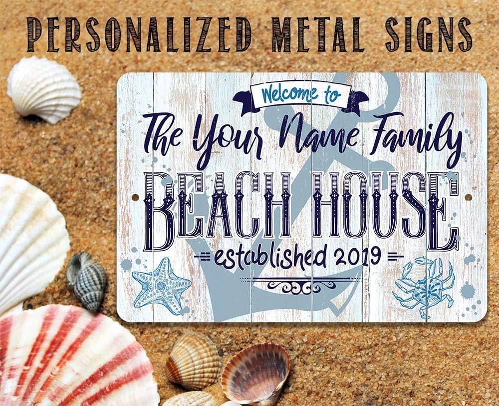 Personalized - Beach House - Great Coastal and Nautical Sign, Customized Beach House Welcome Signage, Sea Shell and Anchor Art Print, Rustic Wood Style Look 8x12 or 12x18 Durable Metal Sign