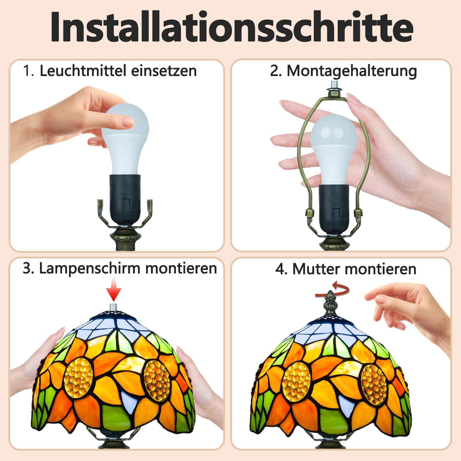 Tiffany-Tischlampe, Metallsockel, E27-Glühbirne Mit Fernbedienung, 8 Zoll Retro Stained Glass Lamp Für Wohnzimmern,Lesezimmern,Schlafzimmern Und Arbeitszimmern Verwendet (D Sonnenblume)