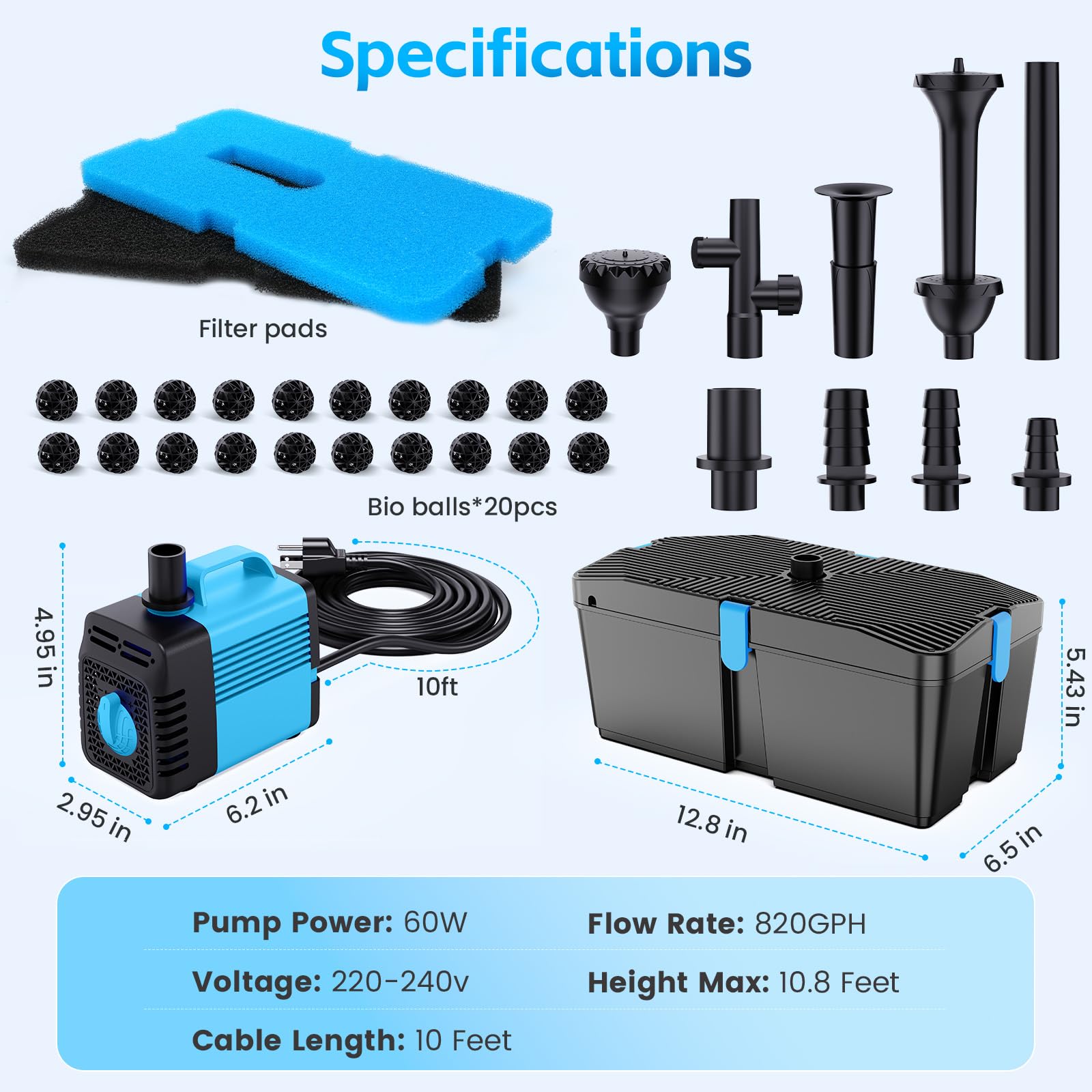Pompa per laghetto con filtro e set fontana, 60W 3100L/H pompa da stagno e kit filtrante, sistema per laghetti esterni, filtro Koi dedicato a bassa manutenzione
