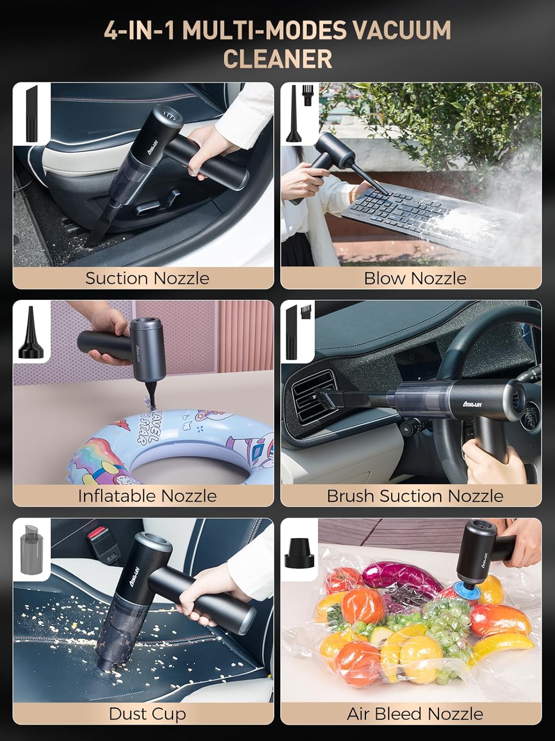 aokway Car Vacuum Portable Cordless 15000PA Powerful Suction, 7500mAh, 4-in-1, High Power Mini Vacuum Cleaner for Car, Home, PC, Keyboard, Desk Cleaning Small Handheld Rechargeable (Black) - Image 5