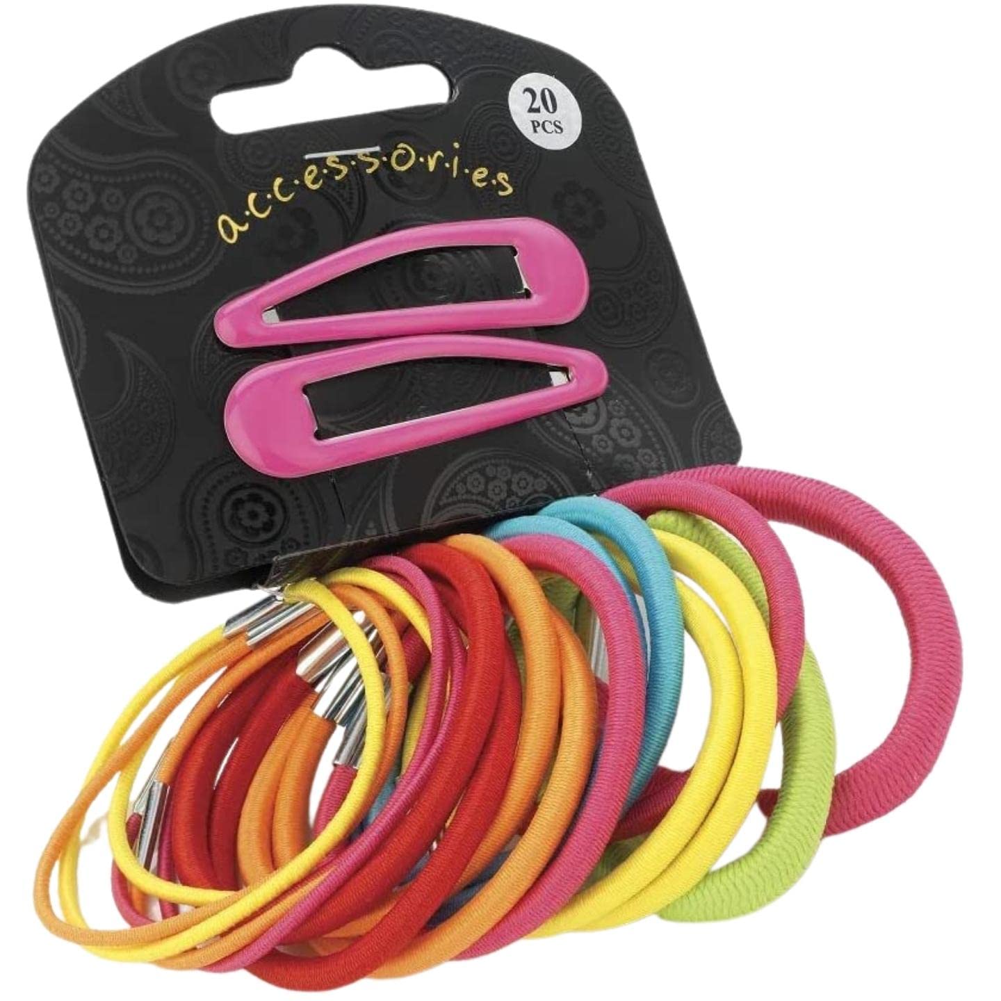 Topkids Accessories Hair Clips and Hair Bands for Women and Girls, Hair Bobbles for Women Hair Ties Hair Elastics Hair Accessories for Women Hair Snaps (20pcs Brights Thick & Thin w/Snap Clips)