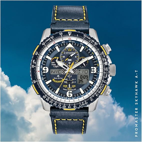 Citizen Men's Eco-Drive Promaster Air Skyhawk Atomic Time Keeping Pilot Watch in Stainless Steel with Blue Leather Strap, Blue Dial (Model: JY8078-01L)