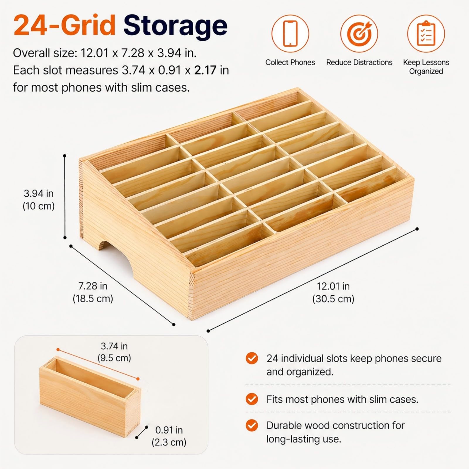 XICHENGSHIDAI Caja de almacenamiento de madera para teléfono móvil con 24 compartimentos, organizador de escritorio para profesores, escuelas, oficinas, reuniones, calculadoras, bolígrafos y