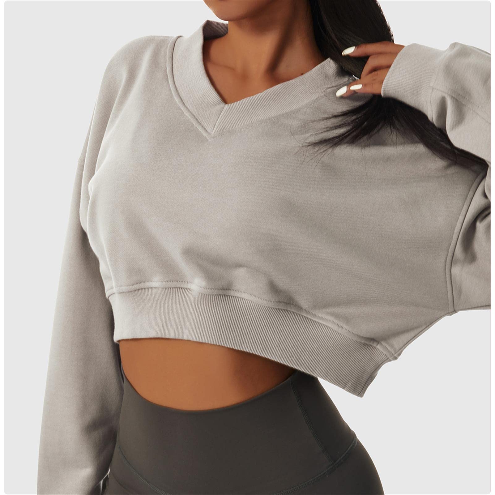 Damska luźna bluza sportowa z długim rękawem dekolt w serek sweter na co dzień topy crop trening gorset kurtka outdoorowa odzież fitness, szara, 14/XL
