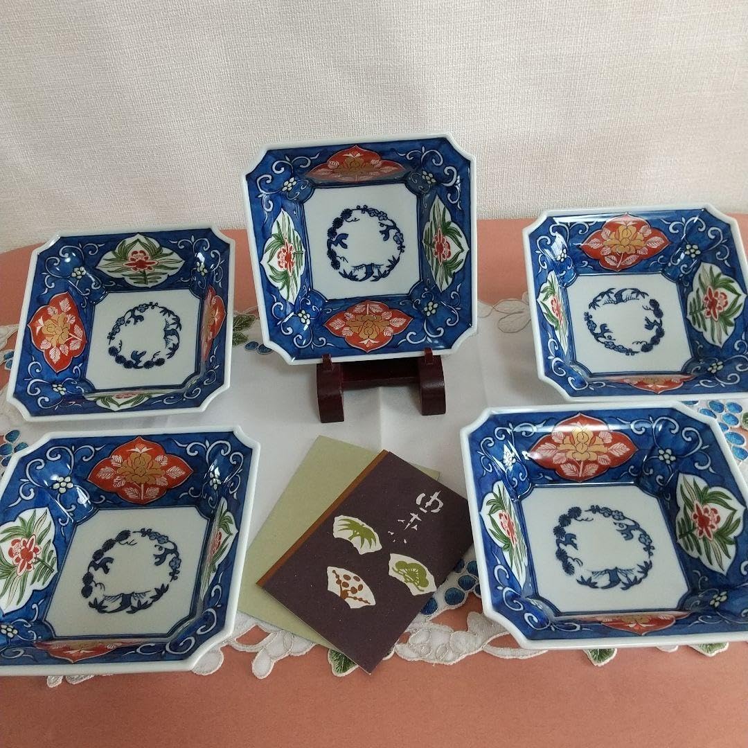 源右衛門古伊万里風唐草 角切型鉢 五個組 源右衛門⭐️古伊万里風