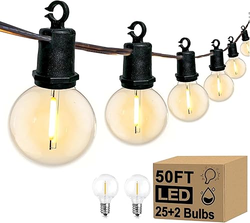 50FT Outdoor String Lights, 25 G40 Edison Globe Bulbs + 2 Spare, Shatterproof 2700K Warm White Outdoor LED Lights for Patio Garden Backyard Party Decor, E12 Socket Base, Waterproof, Black Wire