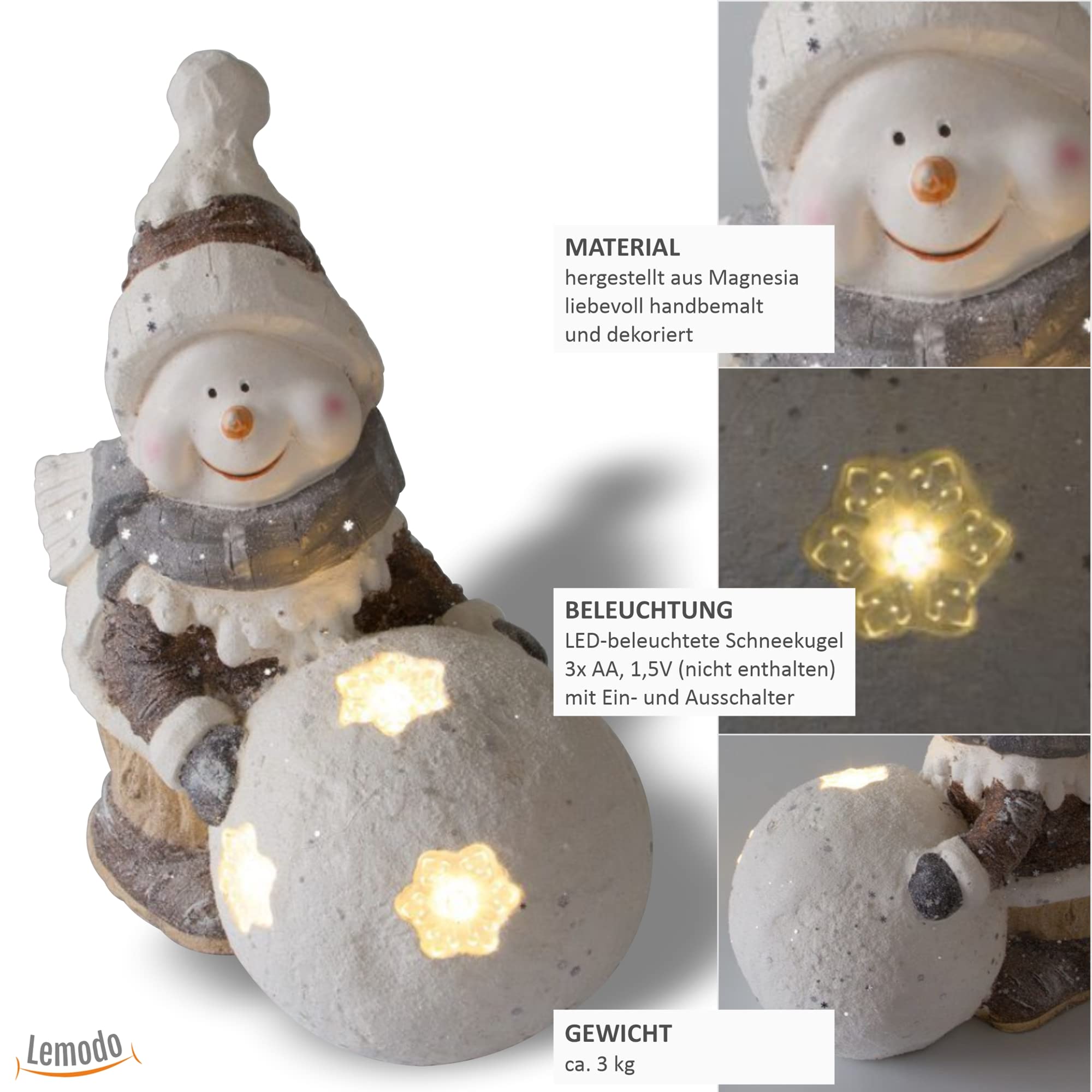 NATIV Lemodo Weihnachtsdeko Schneemann mit LED beleuchteter Schneekugel | Weihnachtsschmuck aus Magnesia | Weihnachtsfigur 41 cm hoch | Tolle Geschenkidee zu Weihnachten