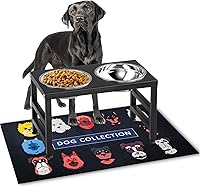 ADENGL 10" Elevated Raised Dog Bowl Stand for Medium Dogs - Metal Feeder with 2 Stainless Steel 42oz Bowls & Non-Slip Mat (Black)