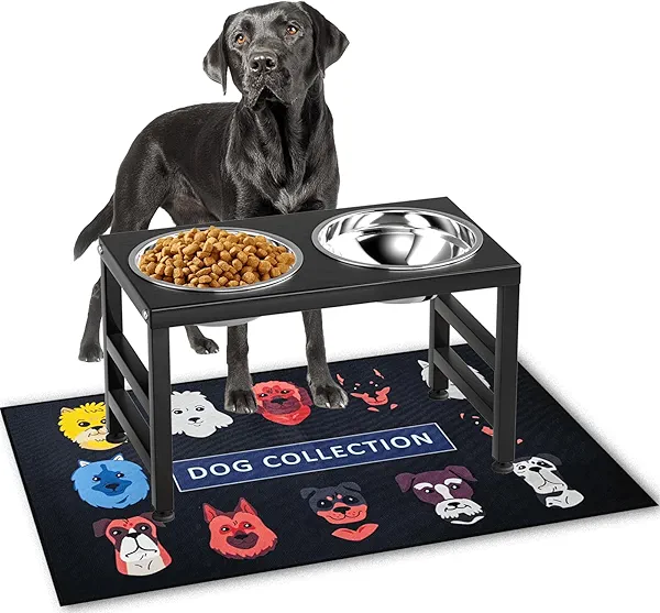 ADENGL Metal Raised Dog Bowl, 10" Tall Elevate Dog Feeder Stand with 2 Stainless Steel 42oz Bowls & 16x24 Non-Slip Mat – Stronger Dogs Food & Water Bowl Stand (Black)