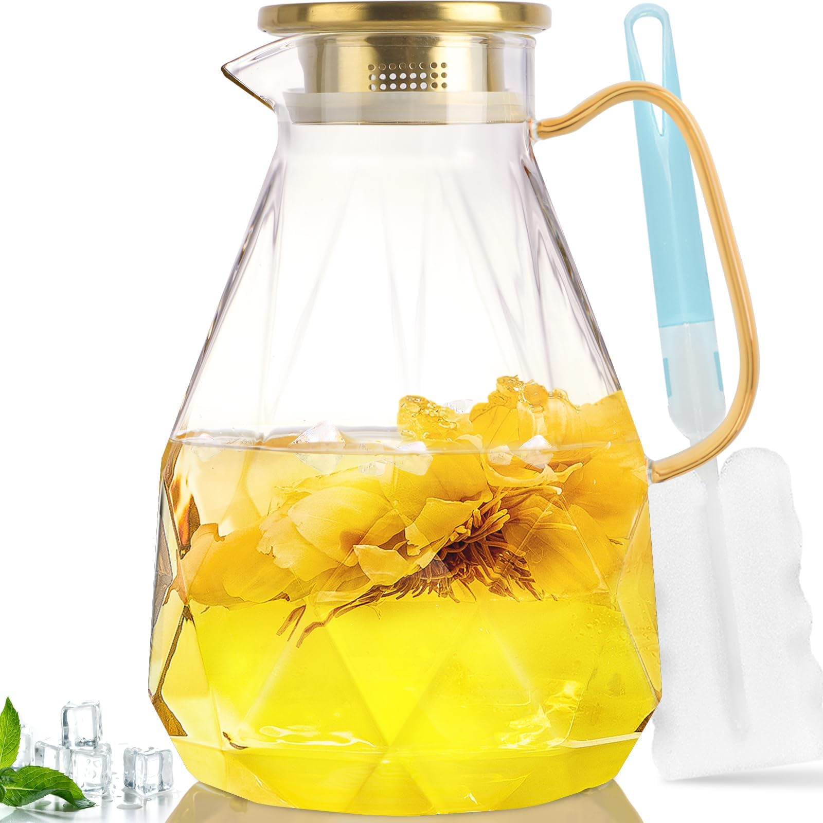 Yirilan Glass Pitcher, 1.6 Liter Water Pitcher With Lid, Iced Tea Pitcher for Fridge, Glass Water Carafe With Lid, Glass Water Jug, Small Drink Pitcher For Juice