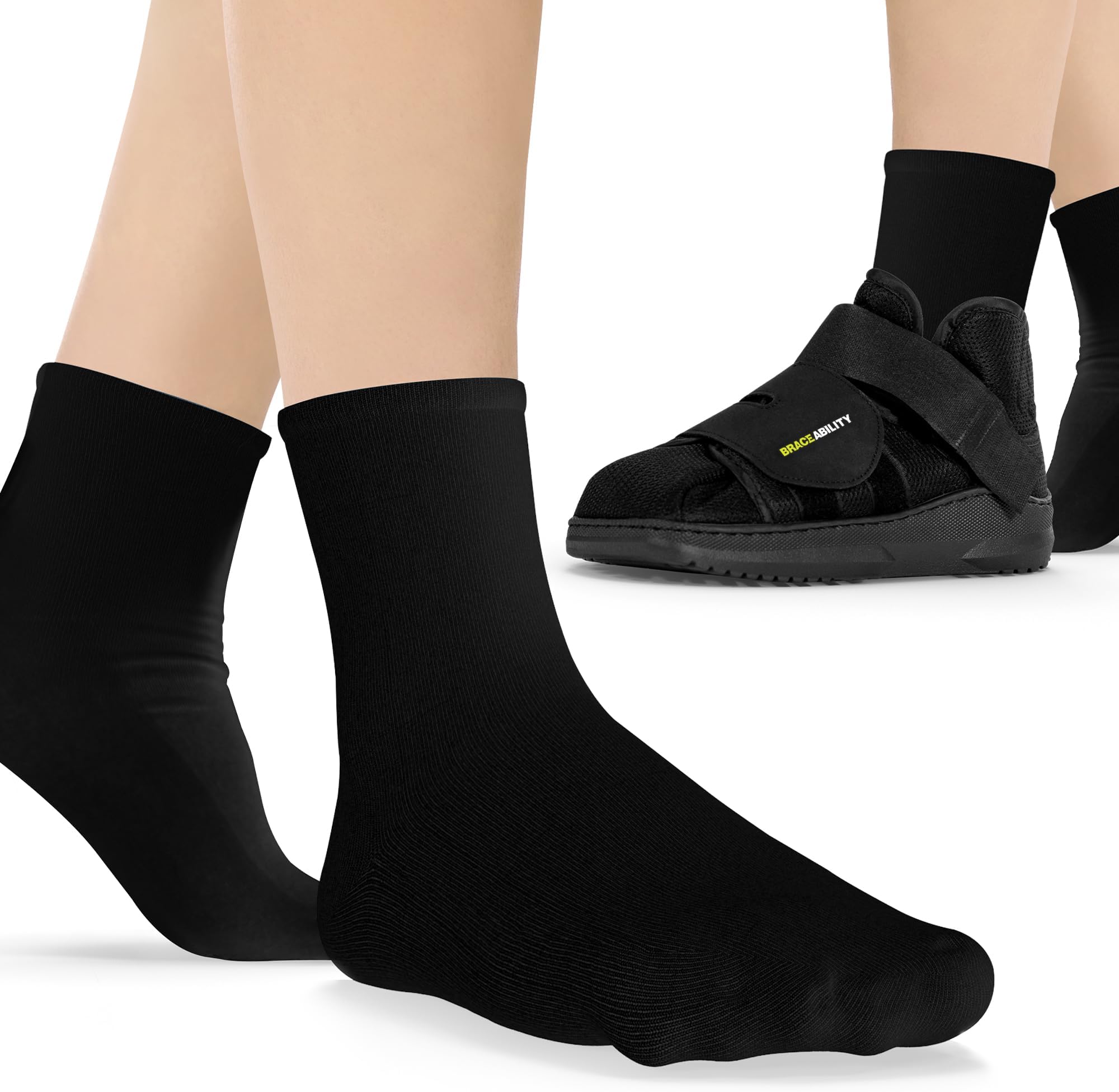 BraceAbility Walking Boot Sock Liners – (1 Pair) Replacement Medical Tube Socks for Under Orthopedic Foot Cast Shoes, Air CAM Walkers, and Surgical Fracture Boots for Men or Women (Short Black)