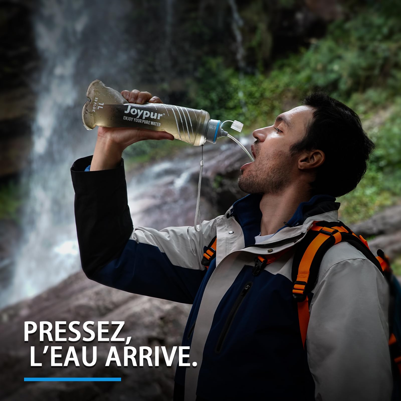 Bouteille Eau Pliable avec Filtre 1000ml, Filtre à Eau Portable 3 Couches, Élimine 99.9999% des Impuretés, Ultra-léger 100g, Pour Randonnée Camping Survie, TPU Qualité Alimentaire (Gris)