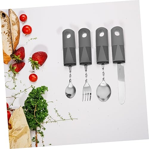 Miniatura 5 de Zerodeko Juego de utensilios con peso adaptativo para ancianos, juego de cuchara y tenedor de 4 piezas, asas antideslizantes para temblores de manos