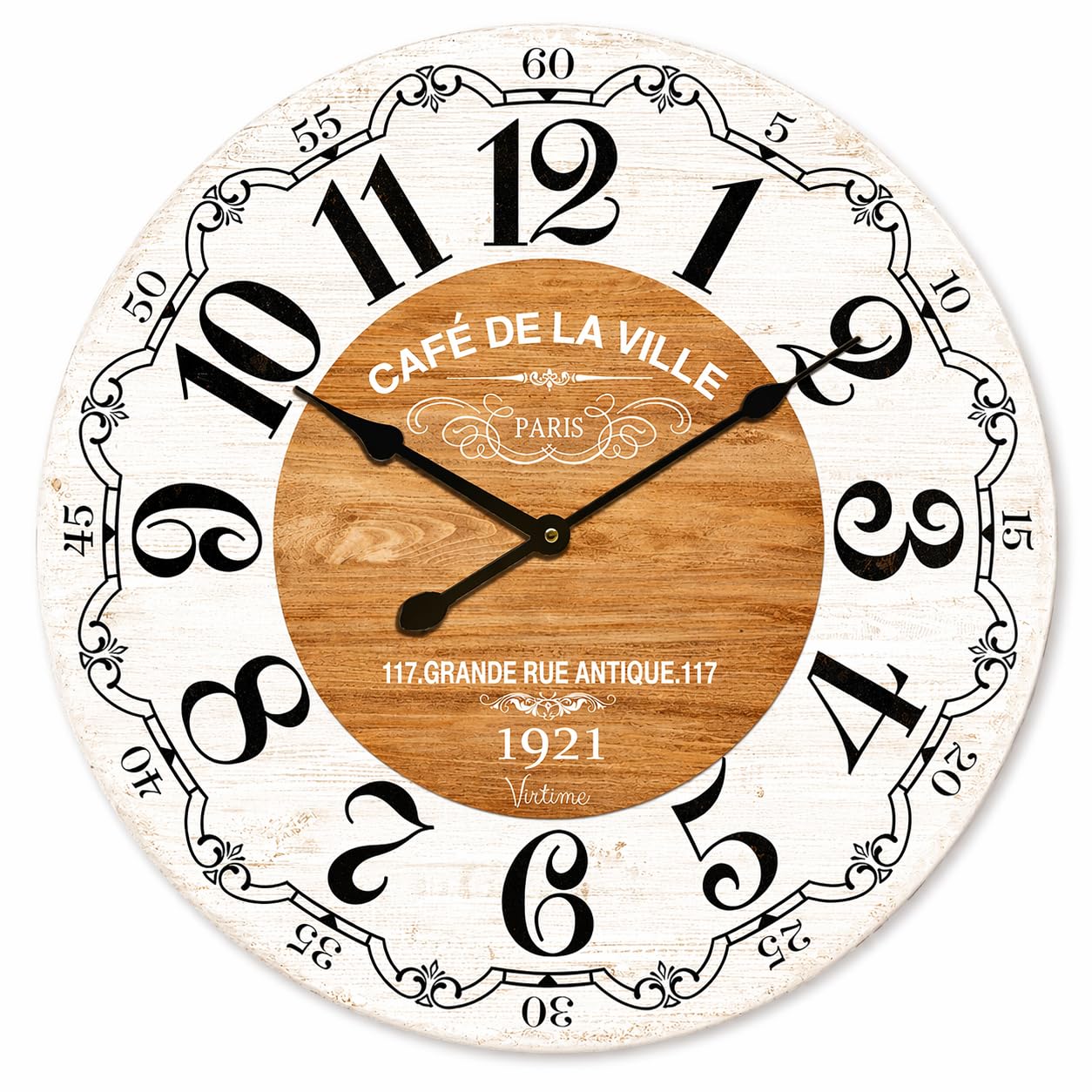 Orologio da parete grande 58 cm effetto legno – Design shabby chic stile francese, numeri grandi ben visibili, movimento silenzioso al quarzo, decorazione casa soggiorno cucina ufficio (Bianco)