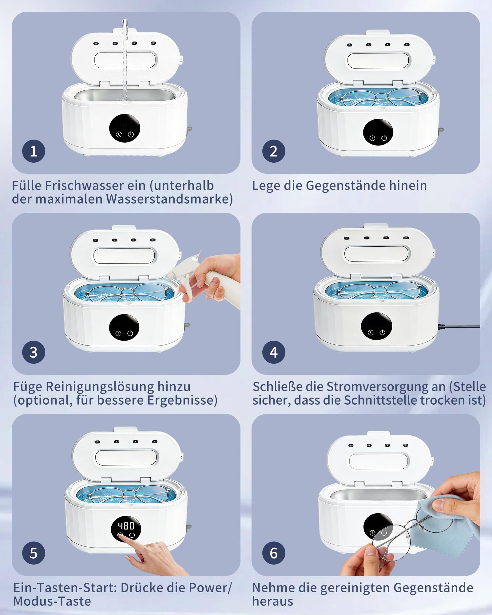 Ultraschallreinigungsgerät, 640ml Brillenreinigungsgerät, 49000Hz Ultraschallreiniger professionelle, 5 Modi Ultrasonic Cleaner mit Display, für Brille, Schmuck, Uhren Ringe