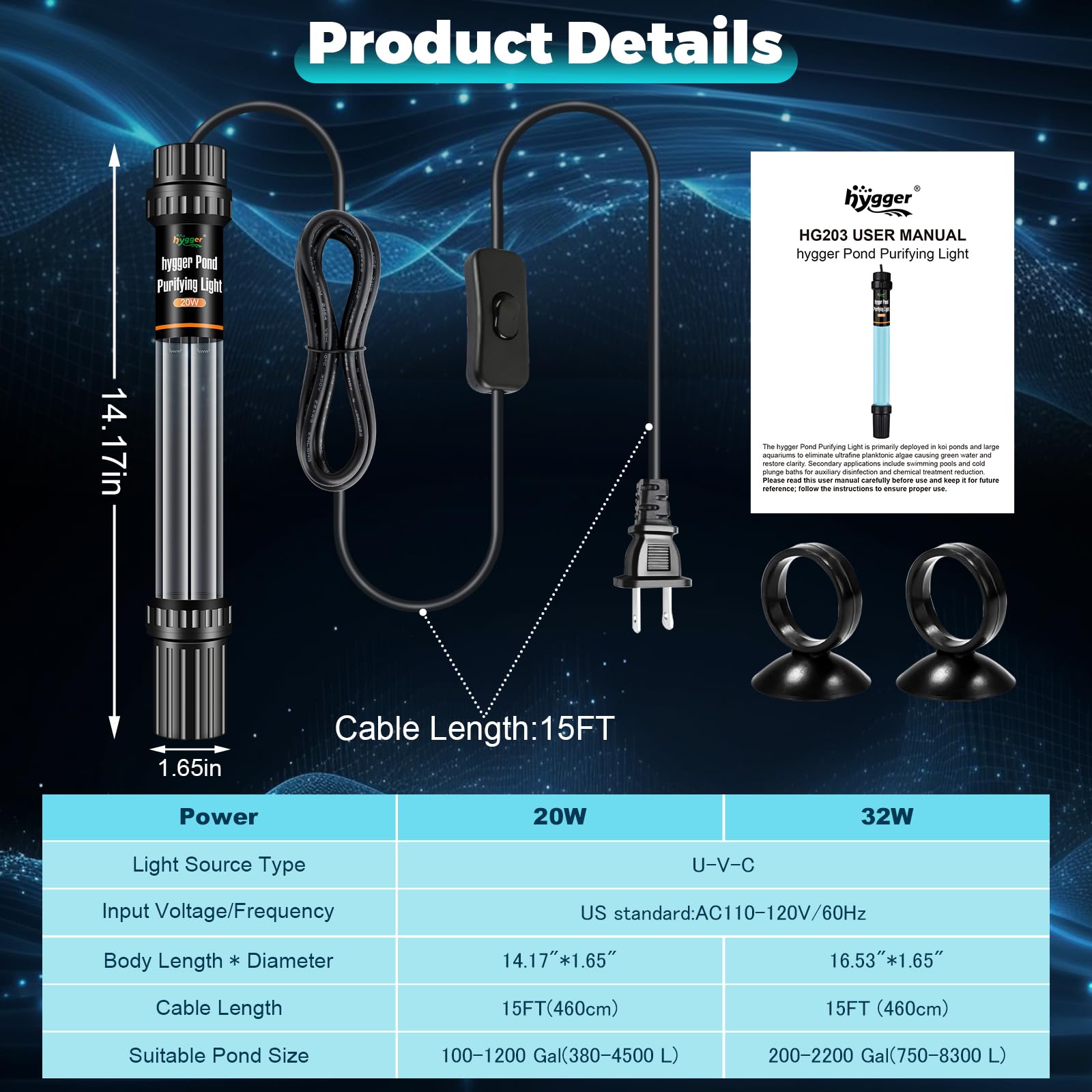 hygger Lampe U-V pour aquarium de 20 W pour 370 à 400 litres, clarificateur d'eau de bassin pour eau verte et nettoyage des algues, pour bassin koï, grand aquarium, piscine, plongeant froid, spa