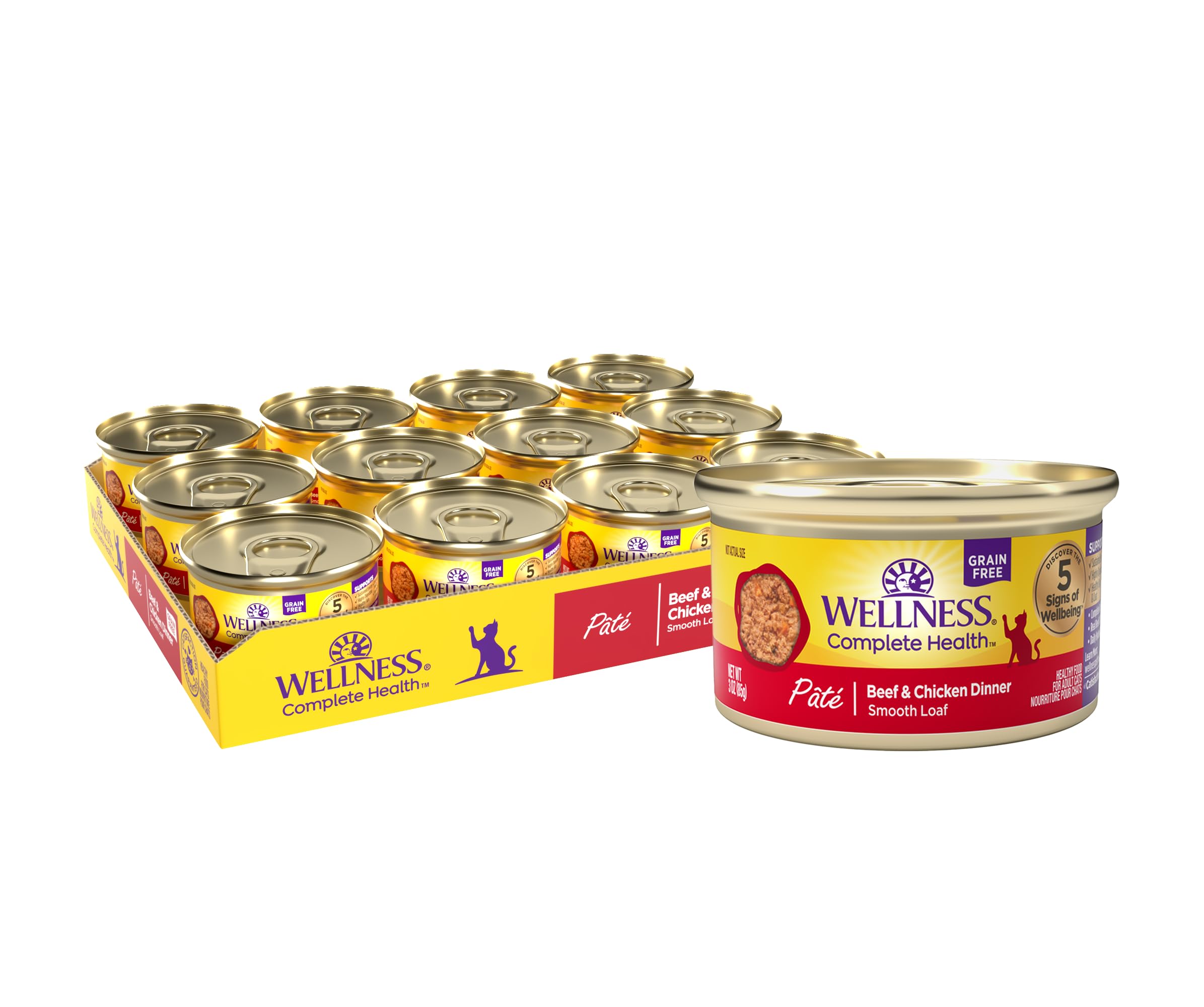 Wellness Complete Health Pate Adult Wet Cat Food, Natural, Protein-Rich, Grain Free, 3 Ounce, 24 Pack, (Beef & Chicken)