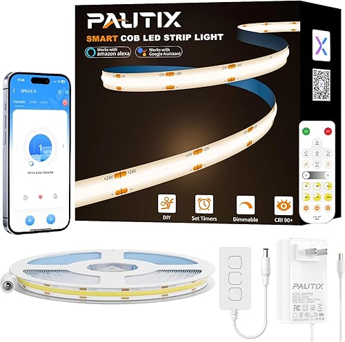 Miniatura 9 de PAUTIX Tira de luz LED COB inteligente de 32.8 pies, tira LED blanca cálida de 2700 K, compatible con Alexa/Google Assistant, kit de tira de luz LED