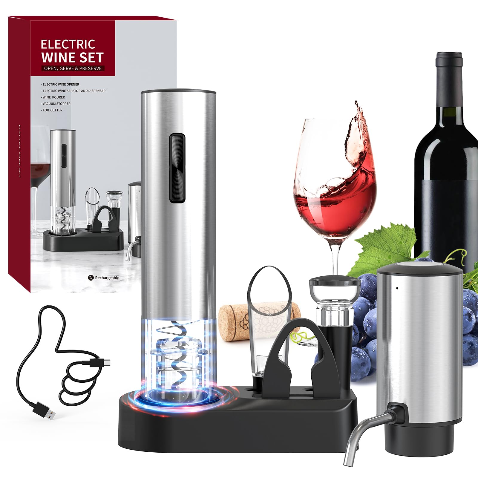 CIRCLE JOY Juego de Abrebotellas Eléctrico 6 en 1 con Sacacorchos recargable y aireador de vino, Tapón de vacío, cortador de papel de aluminio, Sacacorchos Automático para fiestas en el bar de casa