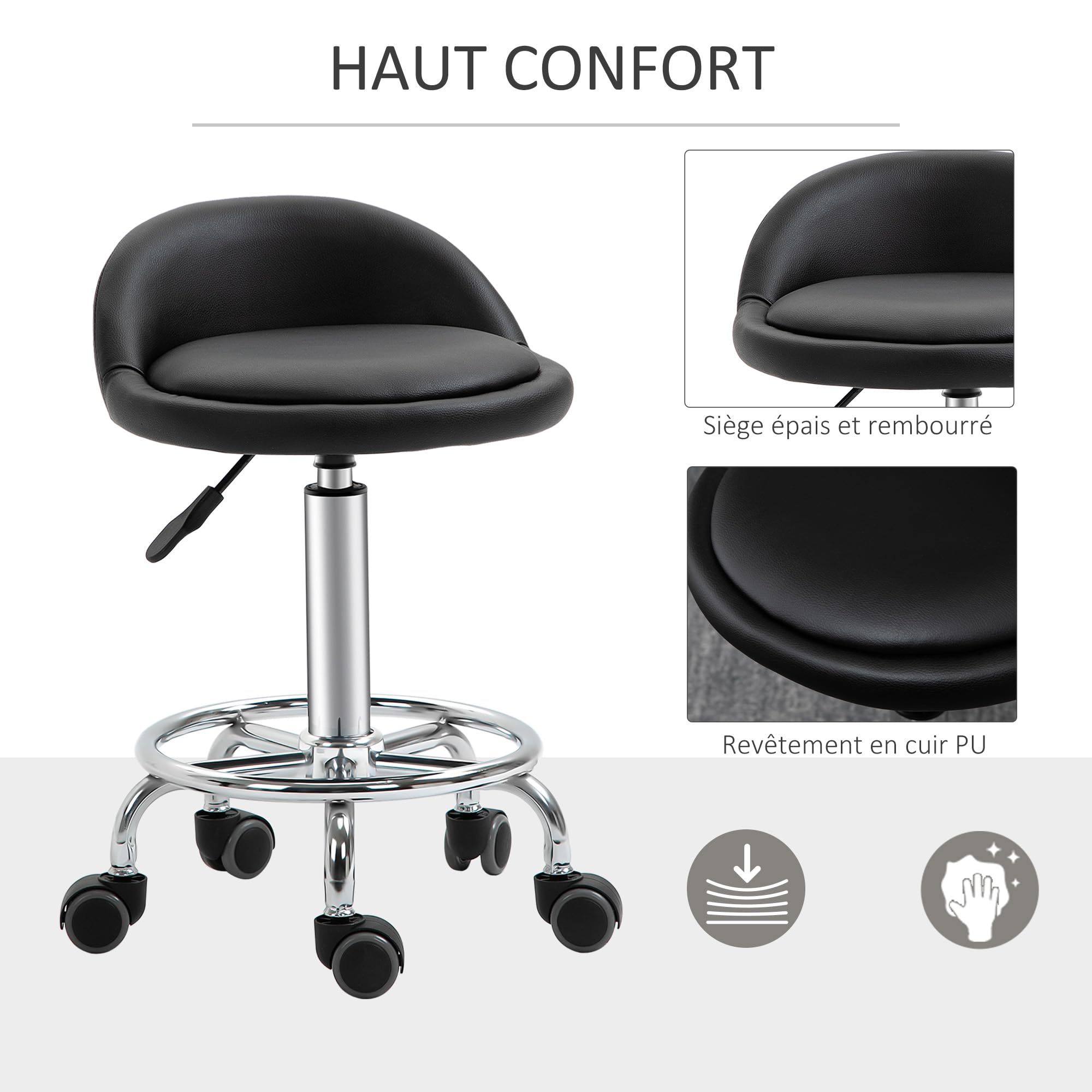 HOMCOM Lot de 2 tabourets à Roulette pivotants 360°, Dossier, Noir | Assise réglable 47-62H cm, revêtement synthétique, acier chromé