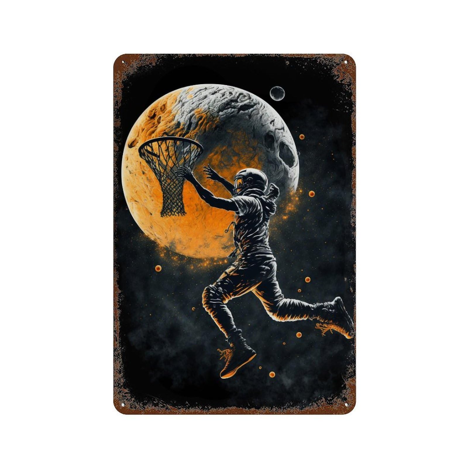 Space Slam Dunk Astronaut Basketball Art Rust Effect Tin Sign 11.8"x7.9", for Farmhouse, Kitchen And Entryway Decor, Decorative Metal Wall Art