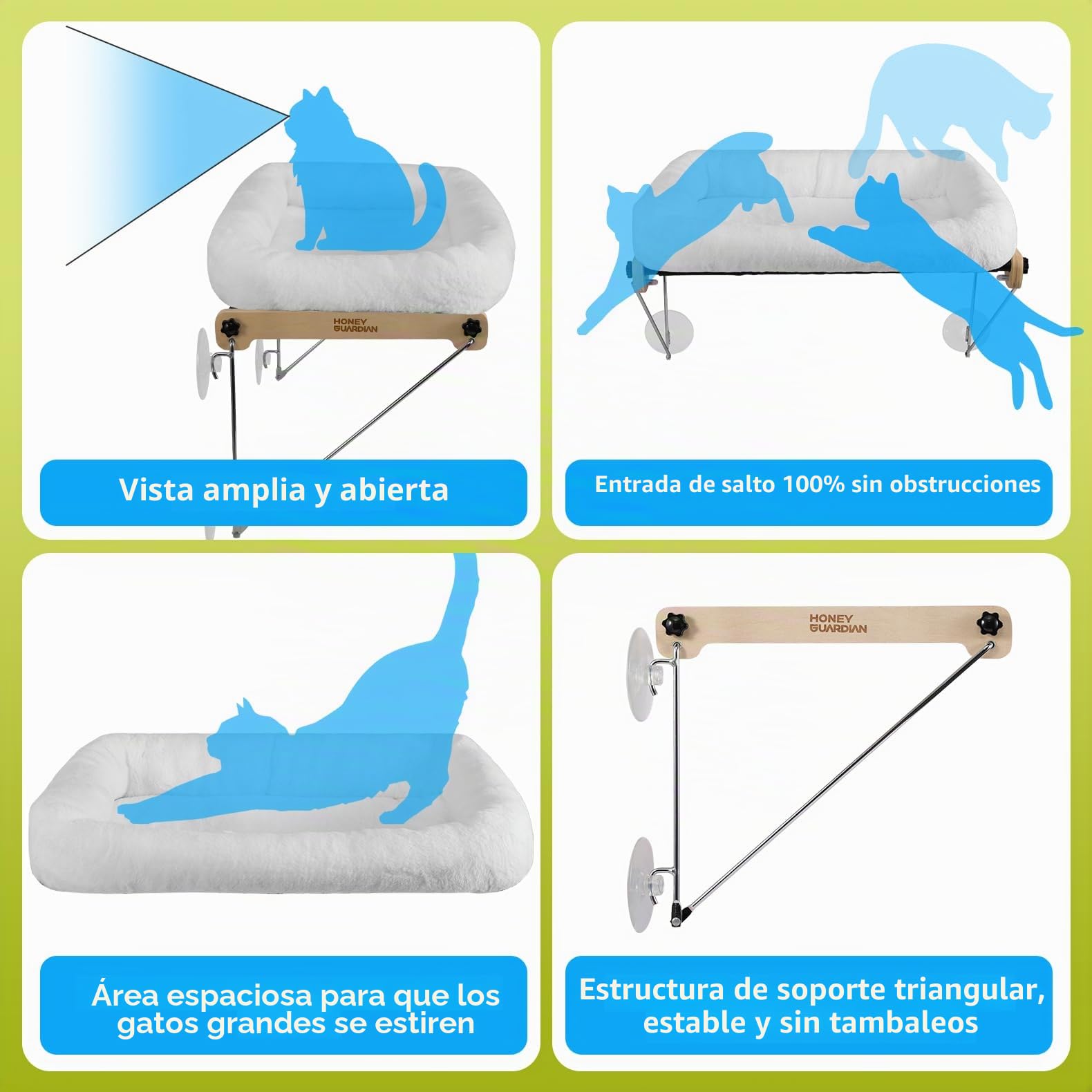 HONEYGUARDIAN Cama Gatos Ventana, Hamaca Gato Ventana de Madera con Ventosa Fuerte, Amaca Camita para Gato, Cama Colgante para Gatos Soporta hasta 18kg con Lavable & Reversible Cojín, 56 x 33cm